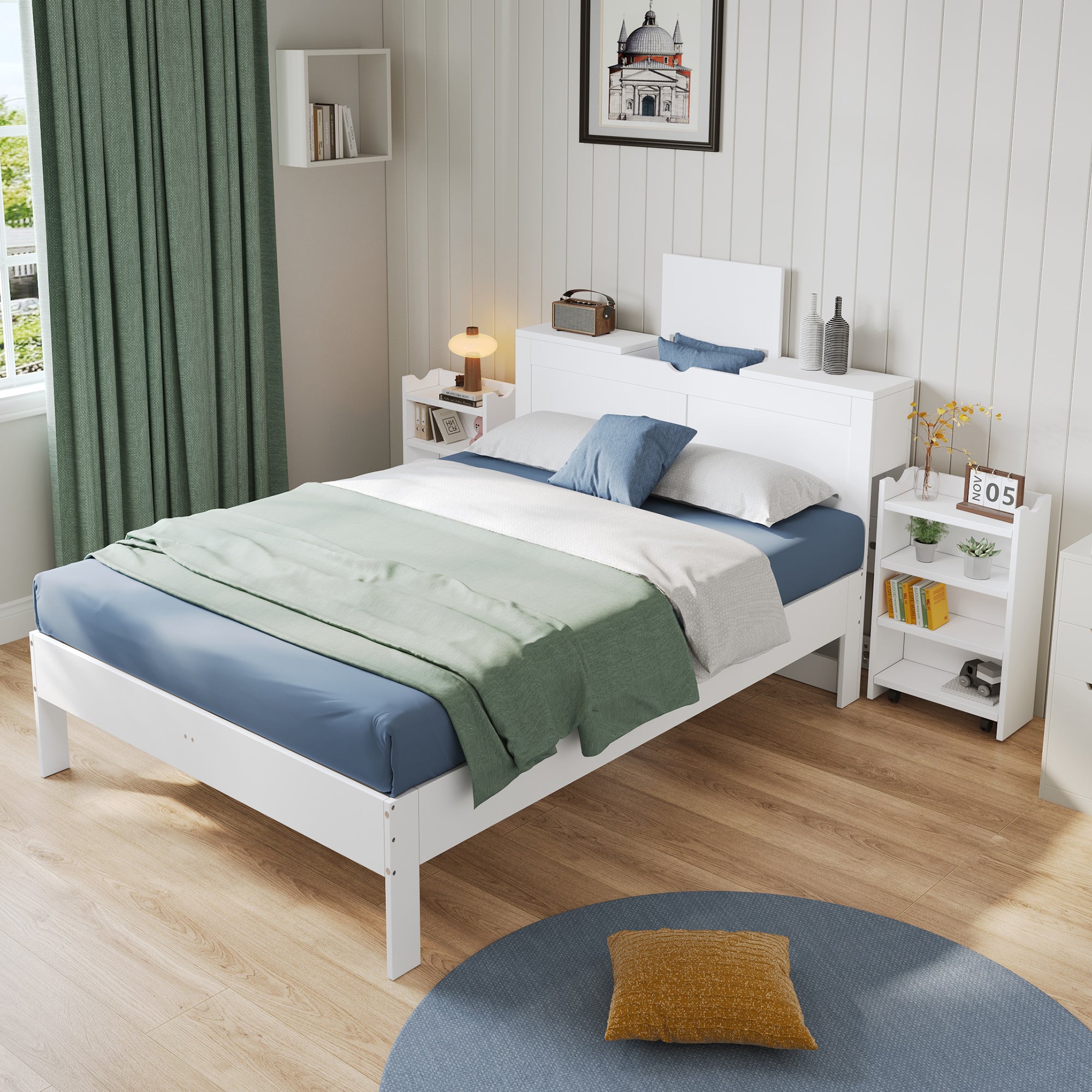 Wooden Bed 140*200 Double Bed with Storage and Pull-out Bedside Tables, White