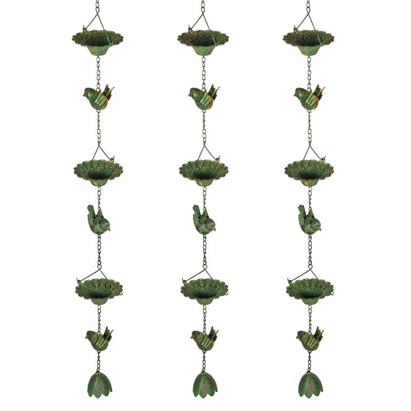 Rain Chains, Set of 3 with Hanger Bird Bell, Metal Green