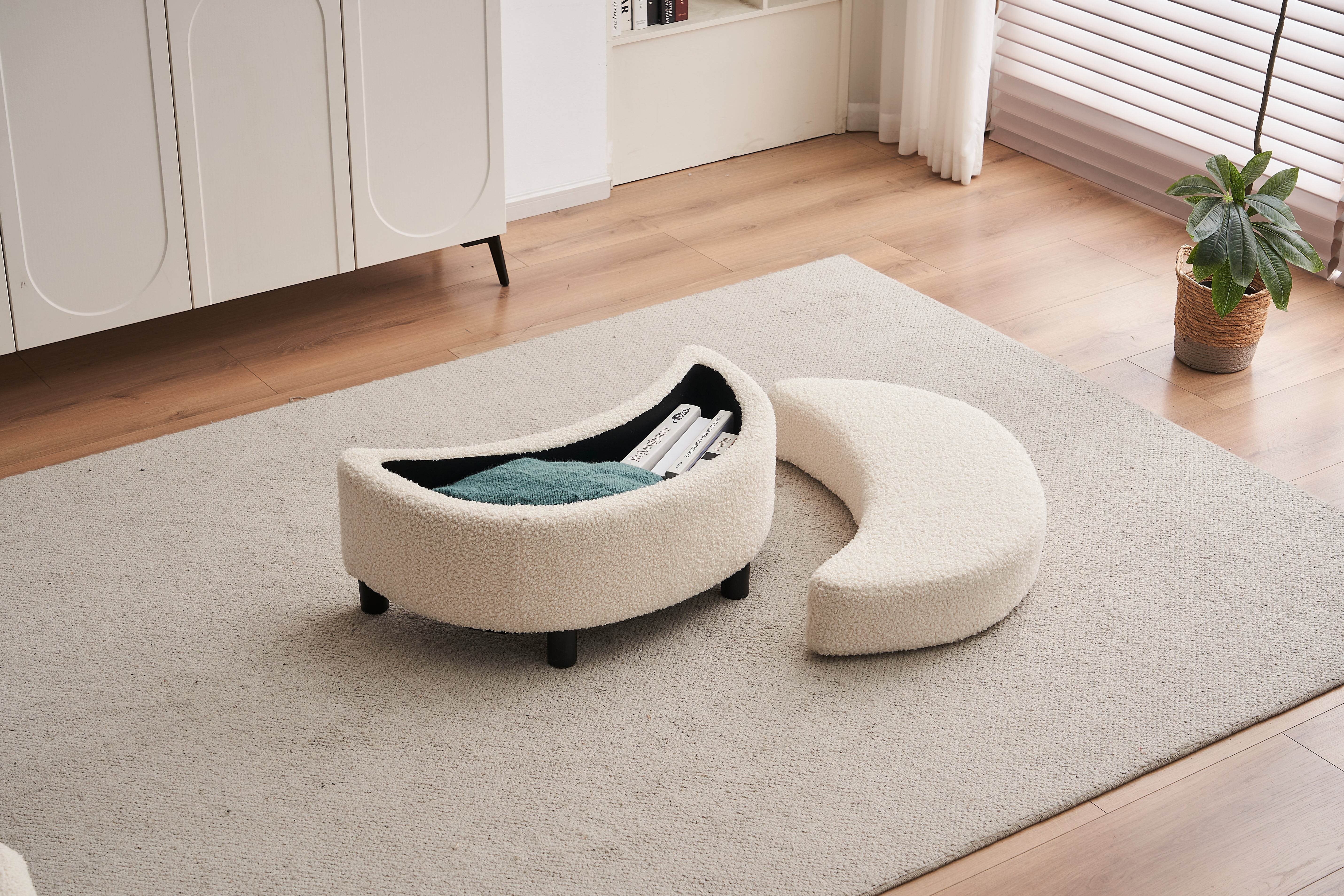 Teddy swivel armchair with 3 back cushion pillow ottoman crescent stool, White