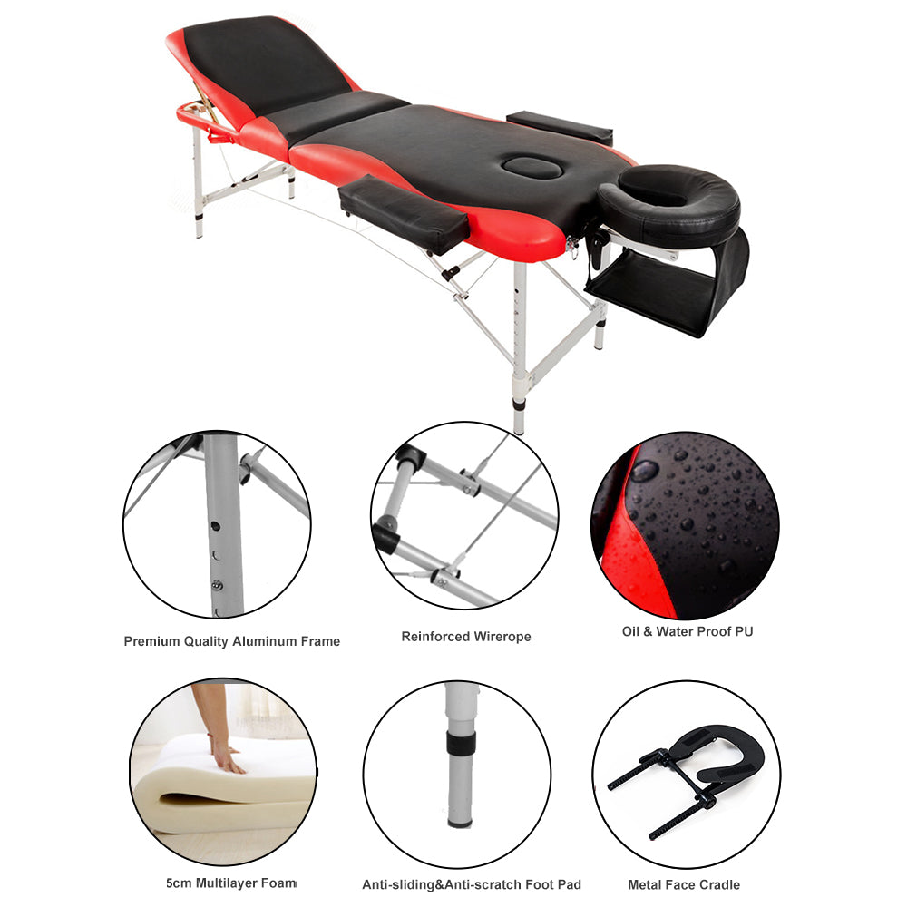 Massage Table Couch Bed Aluminium Deluxe Lightweight Professional Beauty Tattoo Spa 3 Section with Premium PU Leather and 5 cm High Density Multi-Layer Foam Headrest Arm support and Carrying Bag, Red