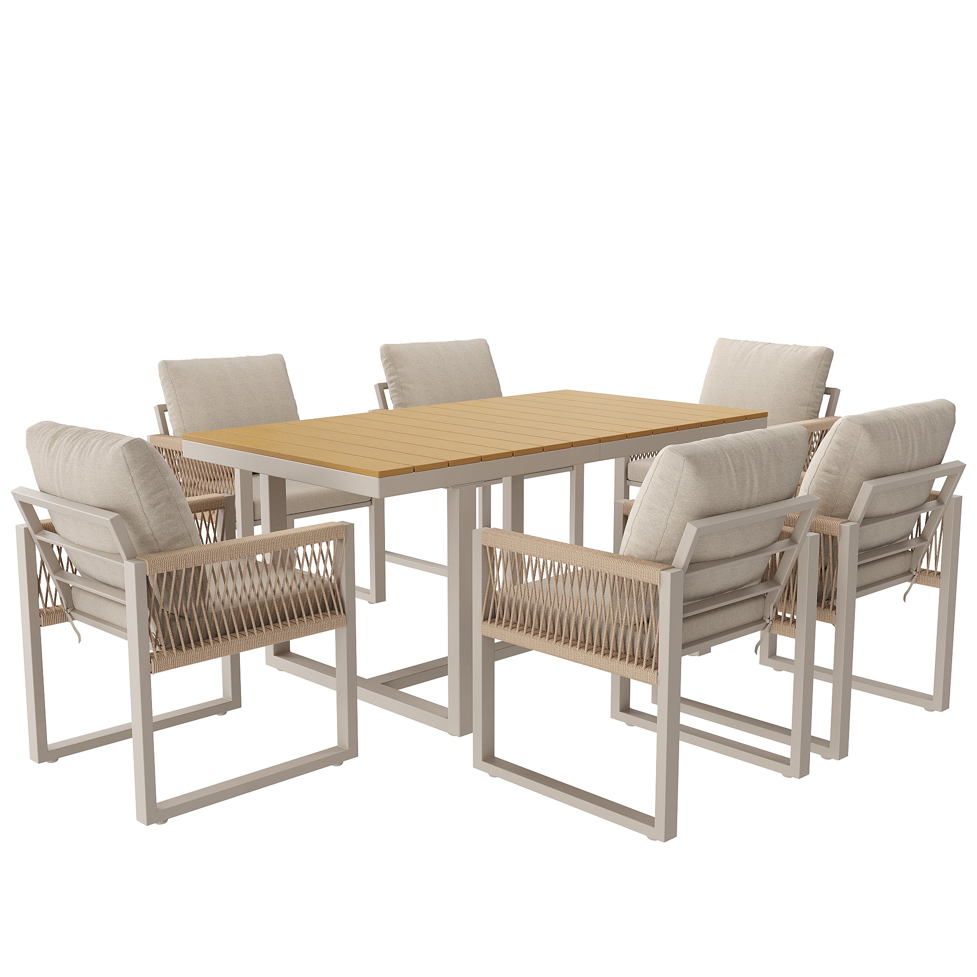 7-Piece Garden Dining Set with 1 Table and 6 Rope Weave Chairs, Weatherproof Cushions, Beige
