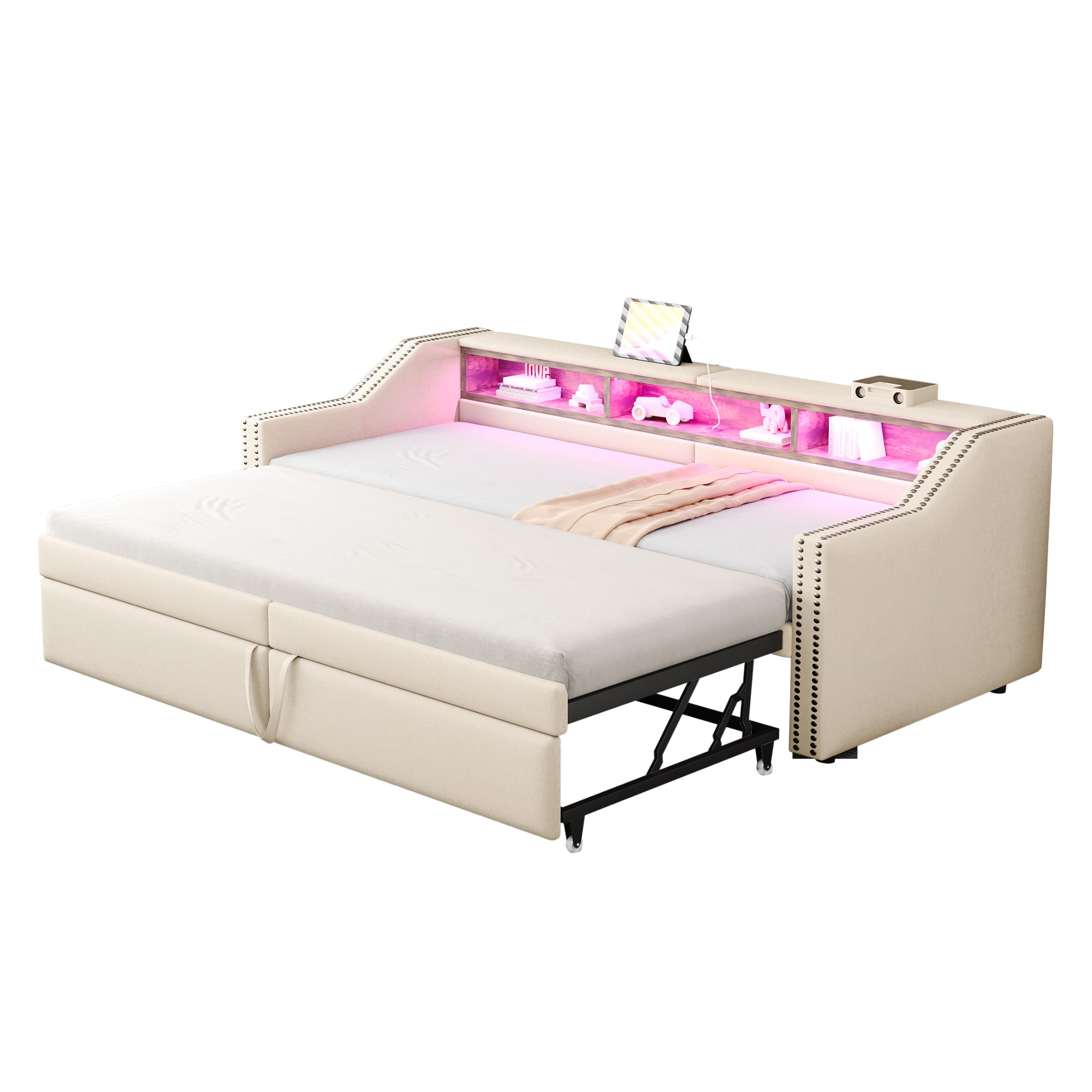 Upholstered Bed, Pull-Out Sofa Bed with Storage, LED & USB, Beige