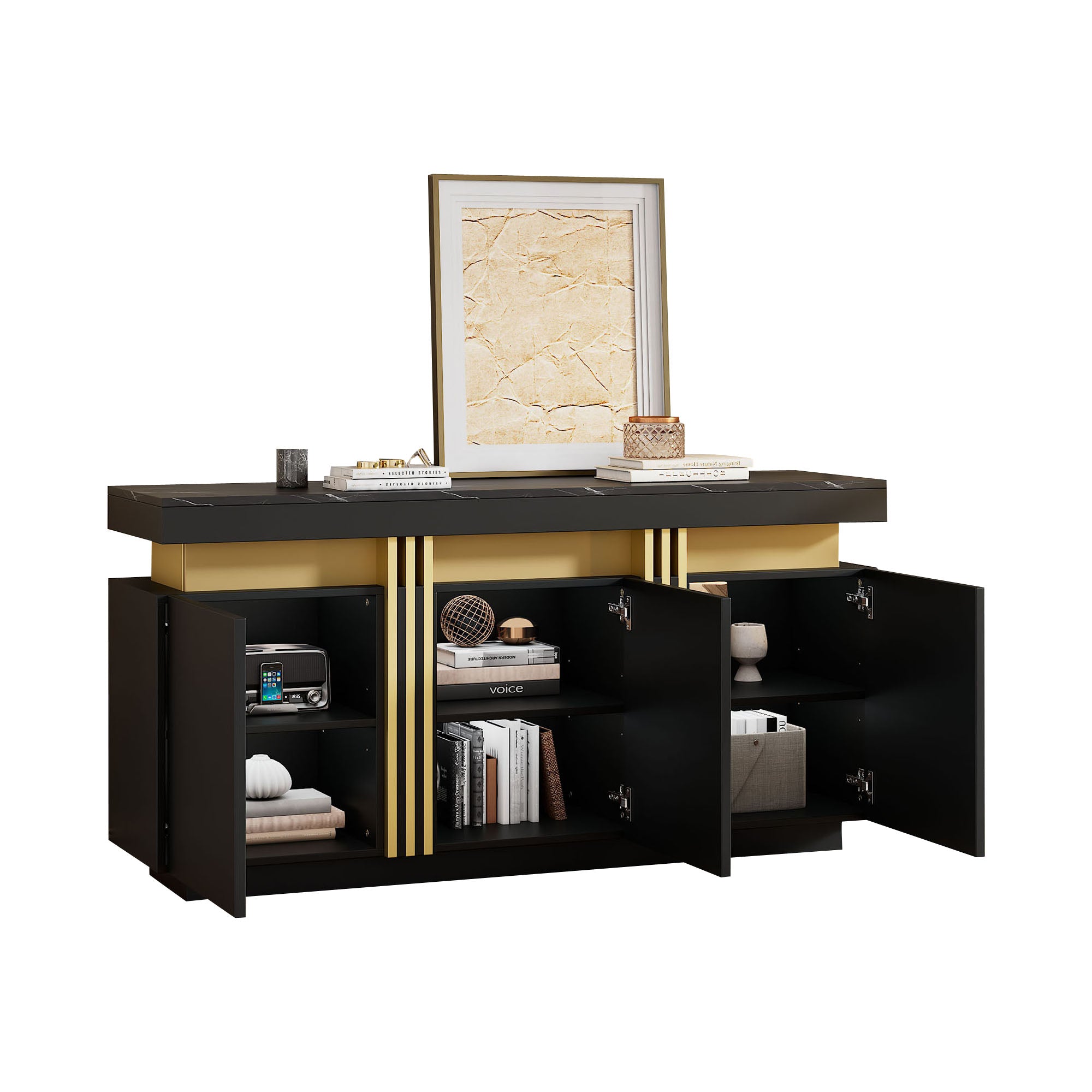 Sideboard, Display Cabinet with 3 Doors, Adjustable Dividers, Black and Gold