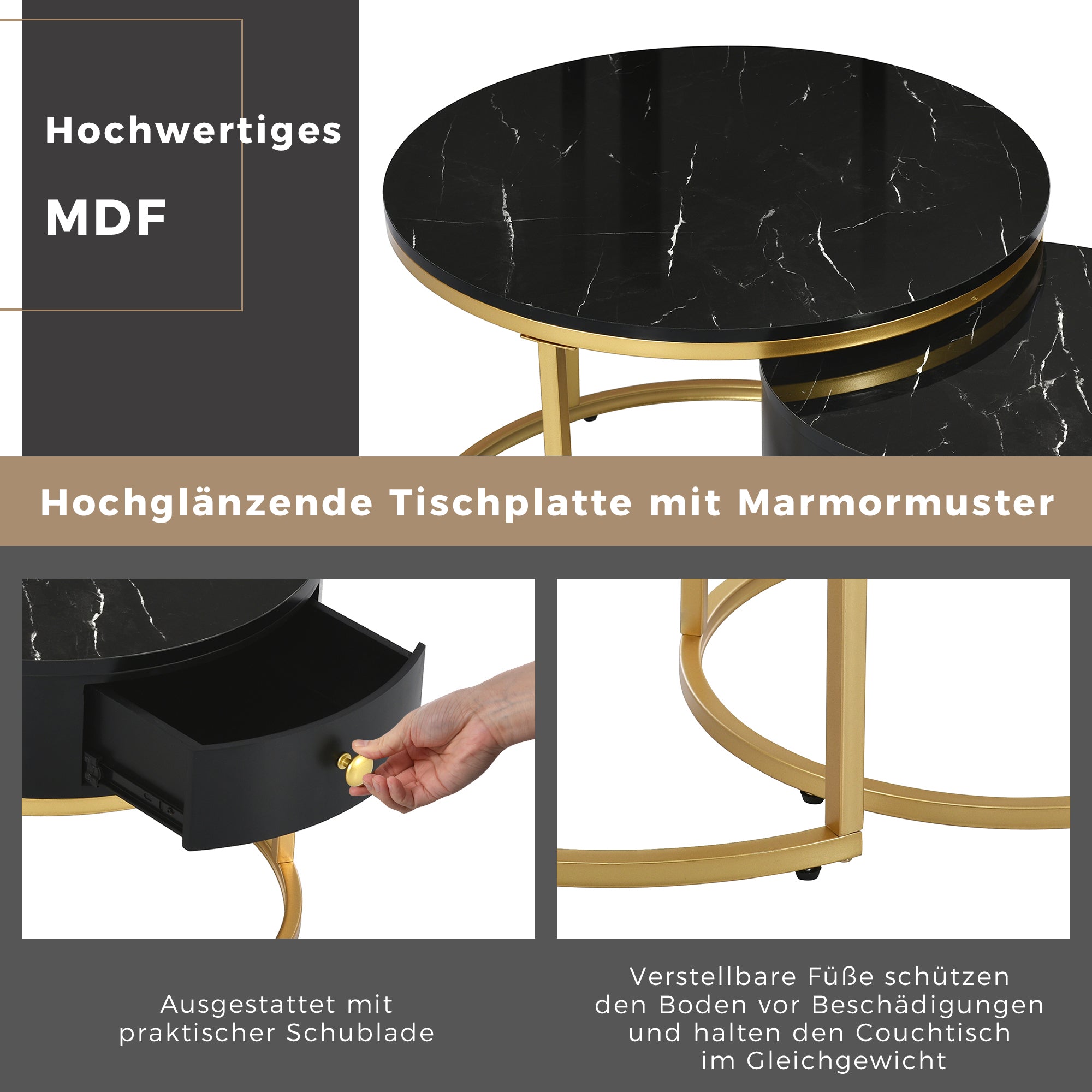 Modern Nesting Coffee Table, Set of 2 Round Side Tables with High Gloss Marble Pattern, Black MDF