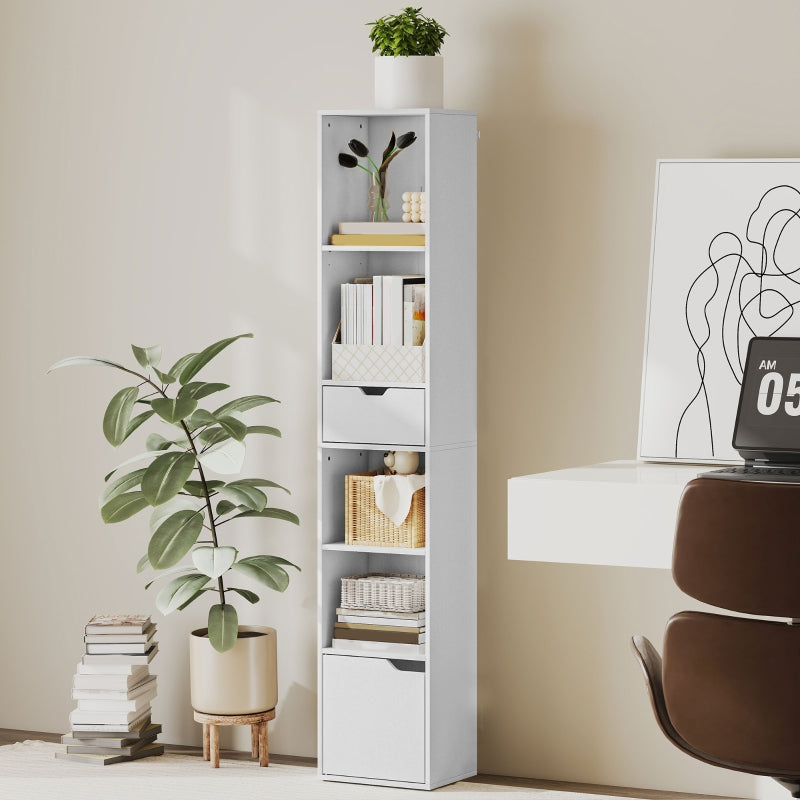 6-Tier Bookcase Tall Narrow Bookshelf with Drawer and Door - White
