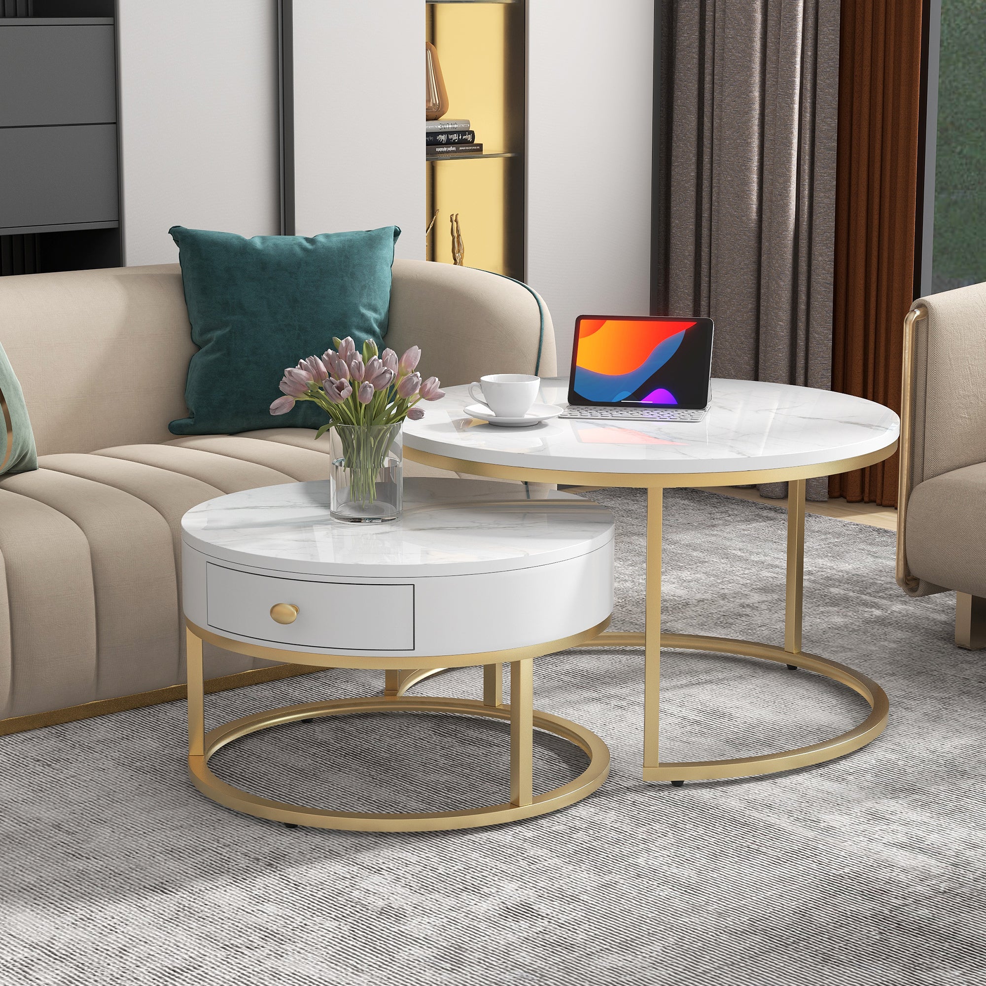 Modern Nesting Coffee Table, 2-Piece Set Round Nested Side Table, High Gloss White Marble Pattern