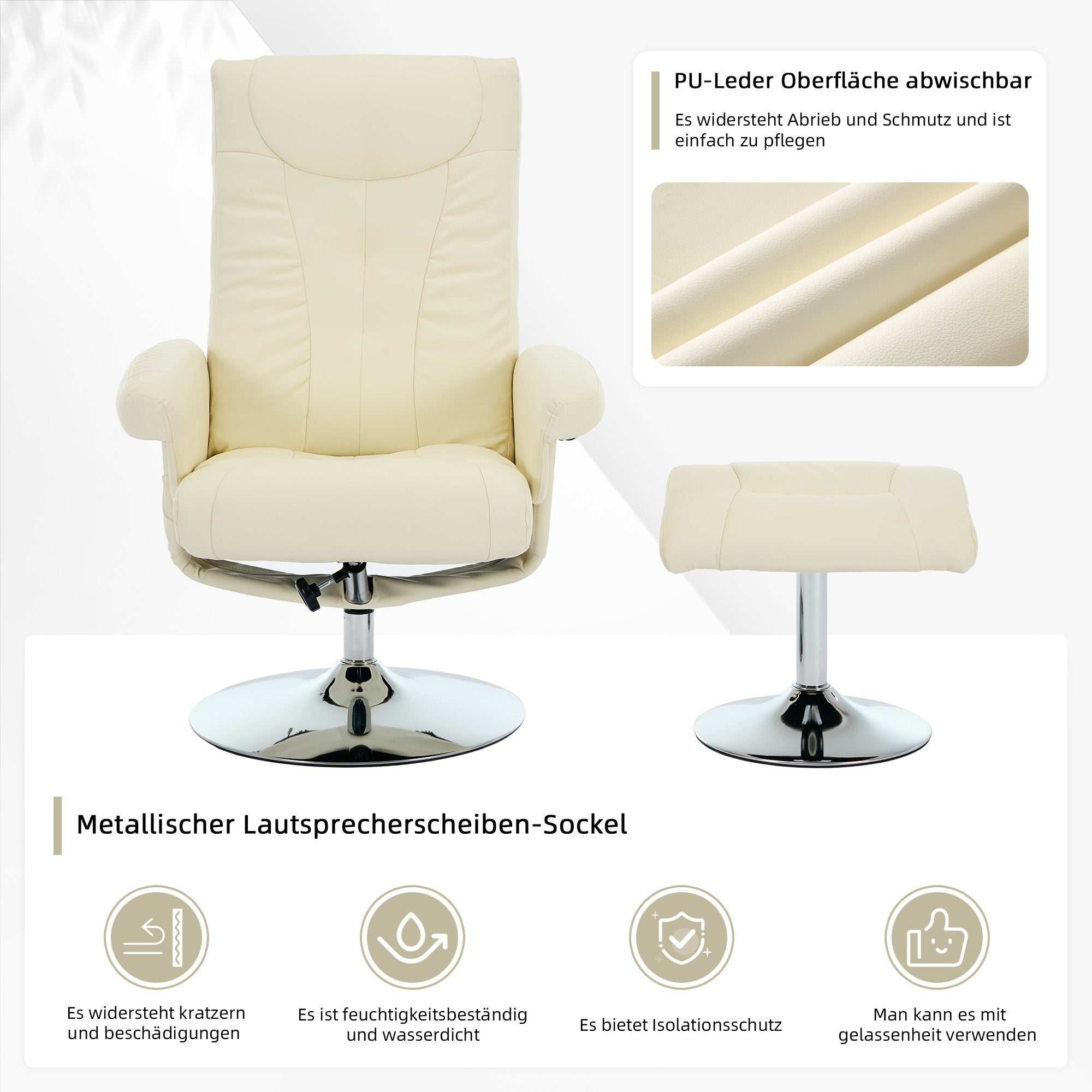 Recliner Chair with 5-Point Massage, Electric Heating, 360° Swivel, PU Fabric Beige