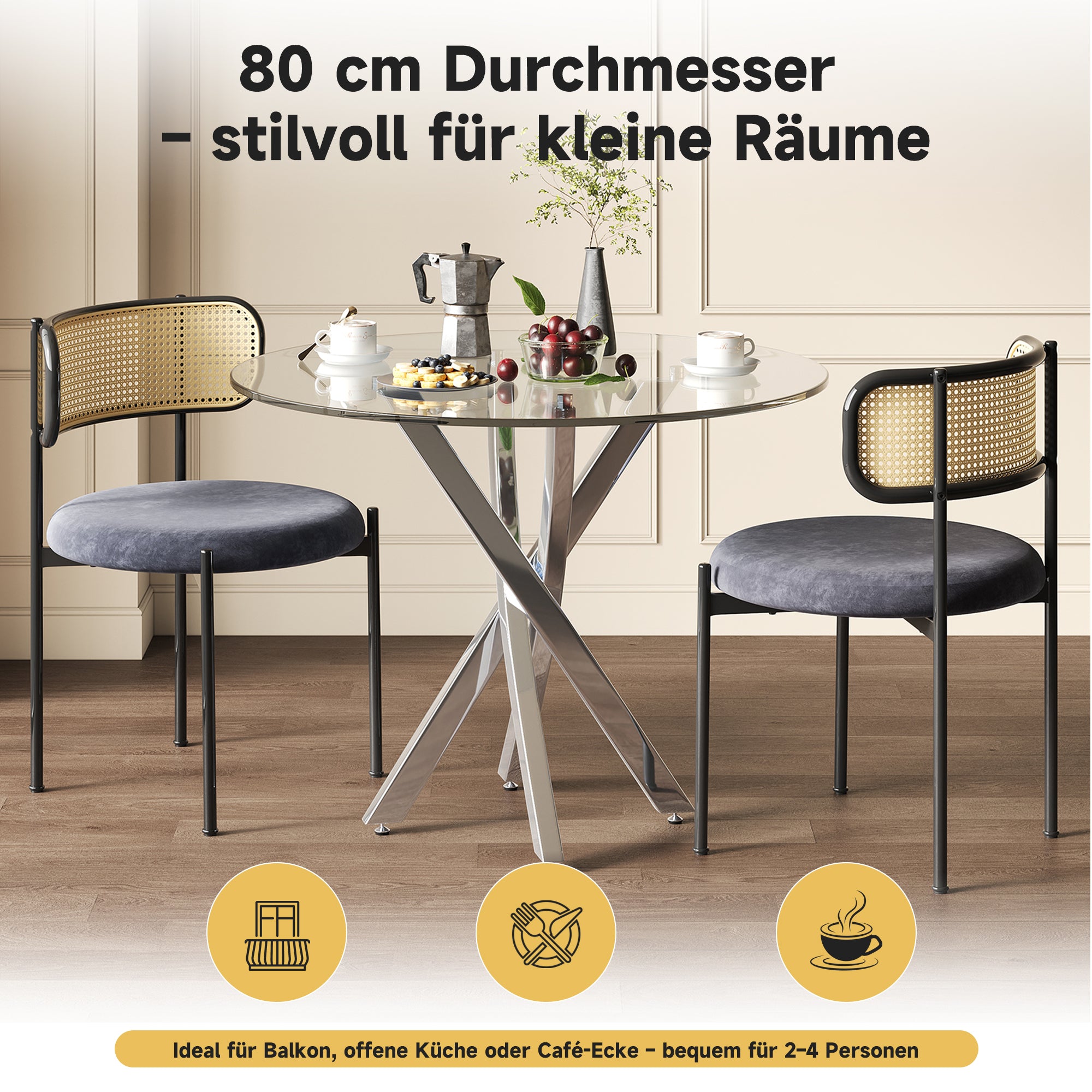 Dining Table Set, 80x80cm Tempered Glass Top, Modern 3-Piece, Grey Chairs/Silver Legs