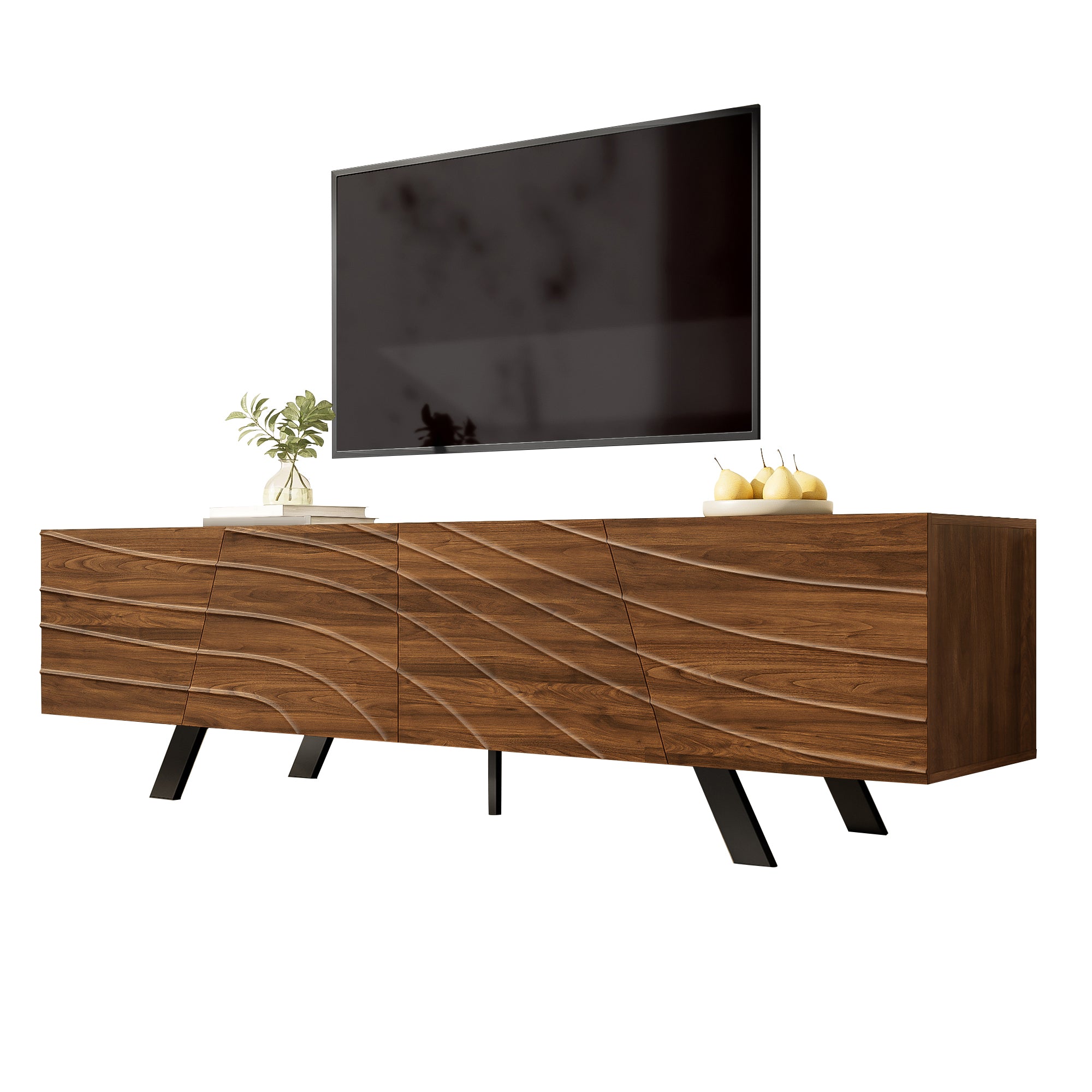 Modern TV Cabinet Lowboard, Wave Front, Cable Management, Walnut Look