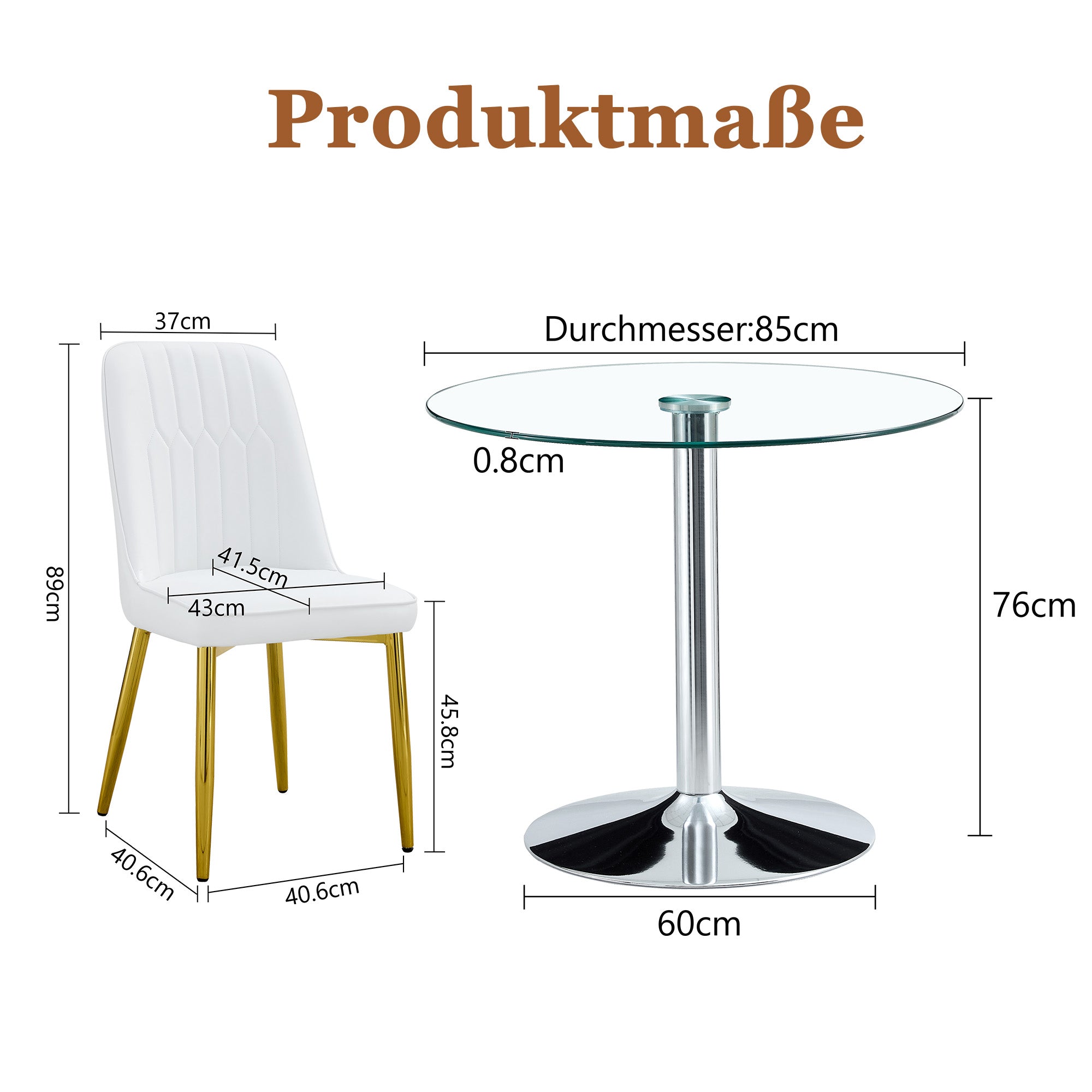 Dining Table Set, Glass Table & 4 Chairs with Gold Legs, White PU