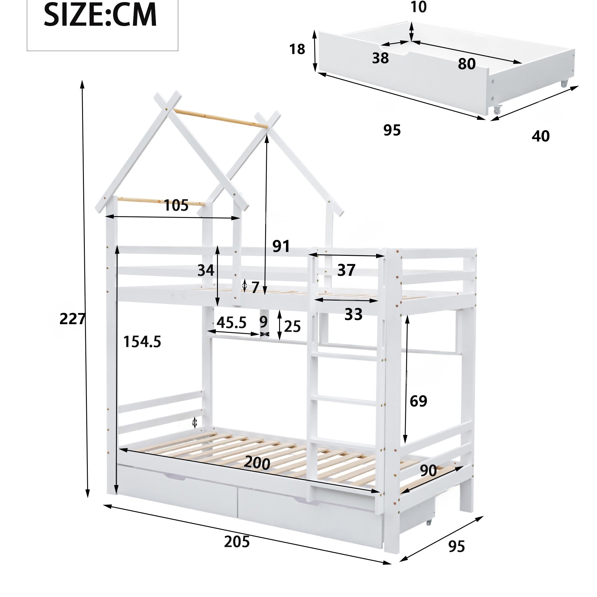 Bunk Bed with Drawers, Shelves & Ladder, Pinewood Frame, White