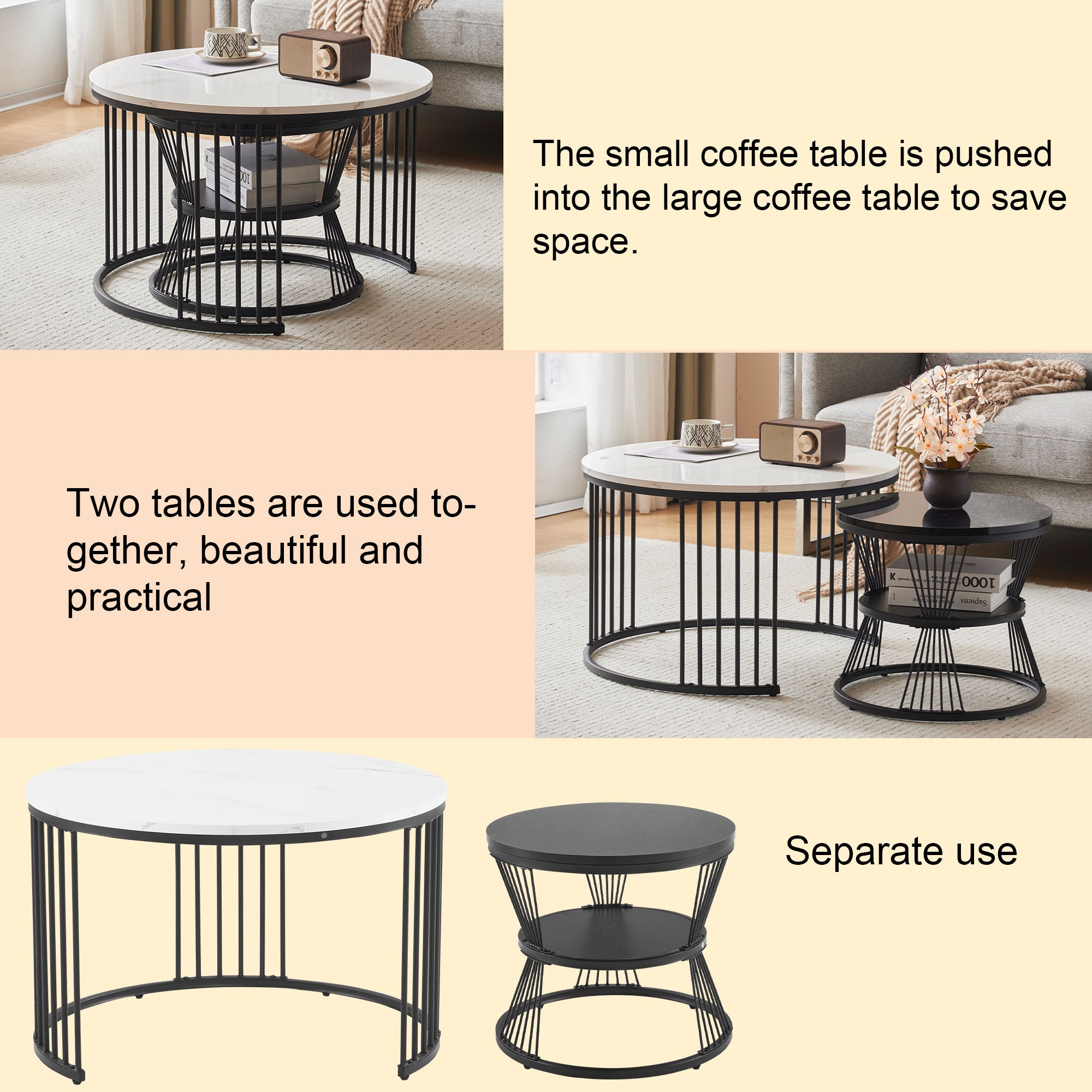 Modern Nesting Coffee Table Set, Round End Tables, Set of 2, Marble Veneer Black Frame