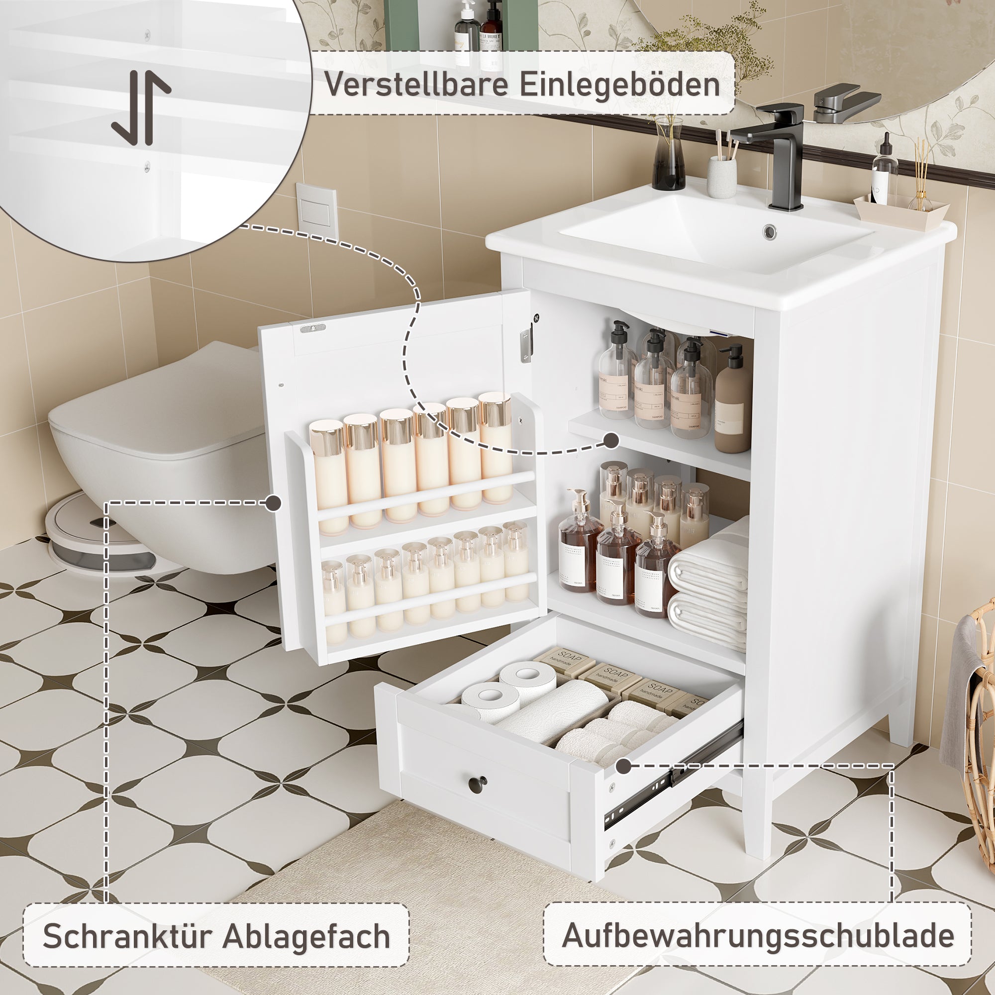 Floor-standing Bathroom Cabinet with Ceramic Sink and Storage Drawer, White