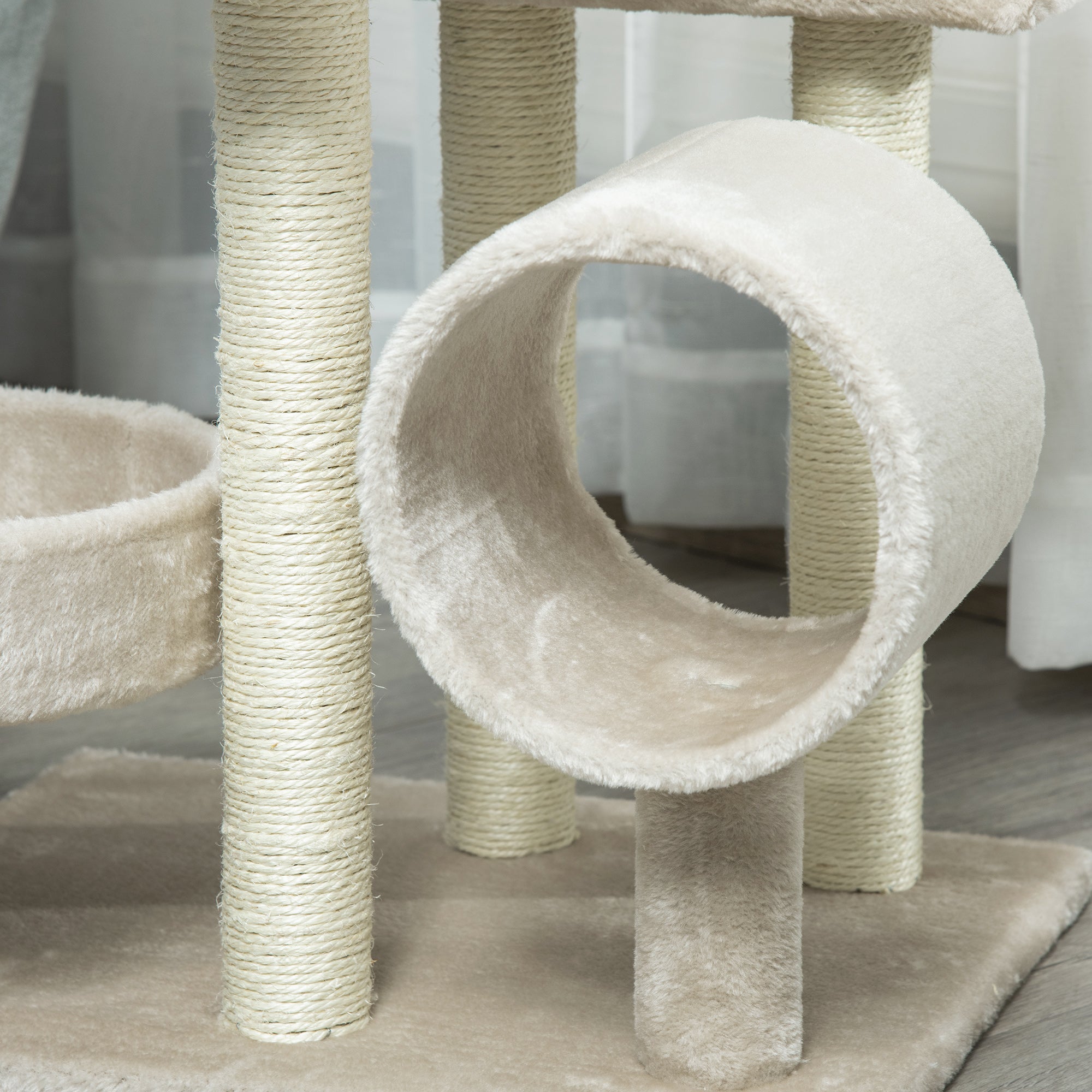 Cat Scratching Post, Climbing Tree with Toys & Tunnel, Beige