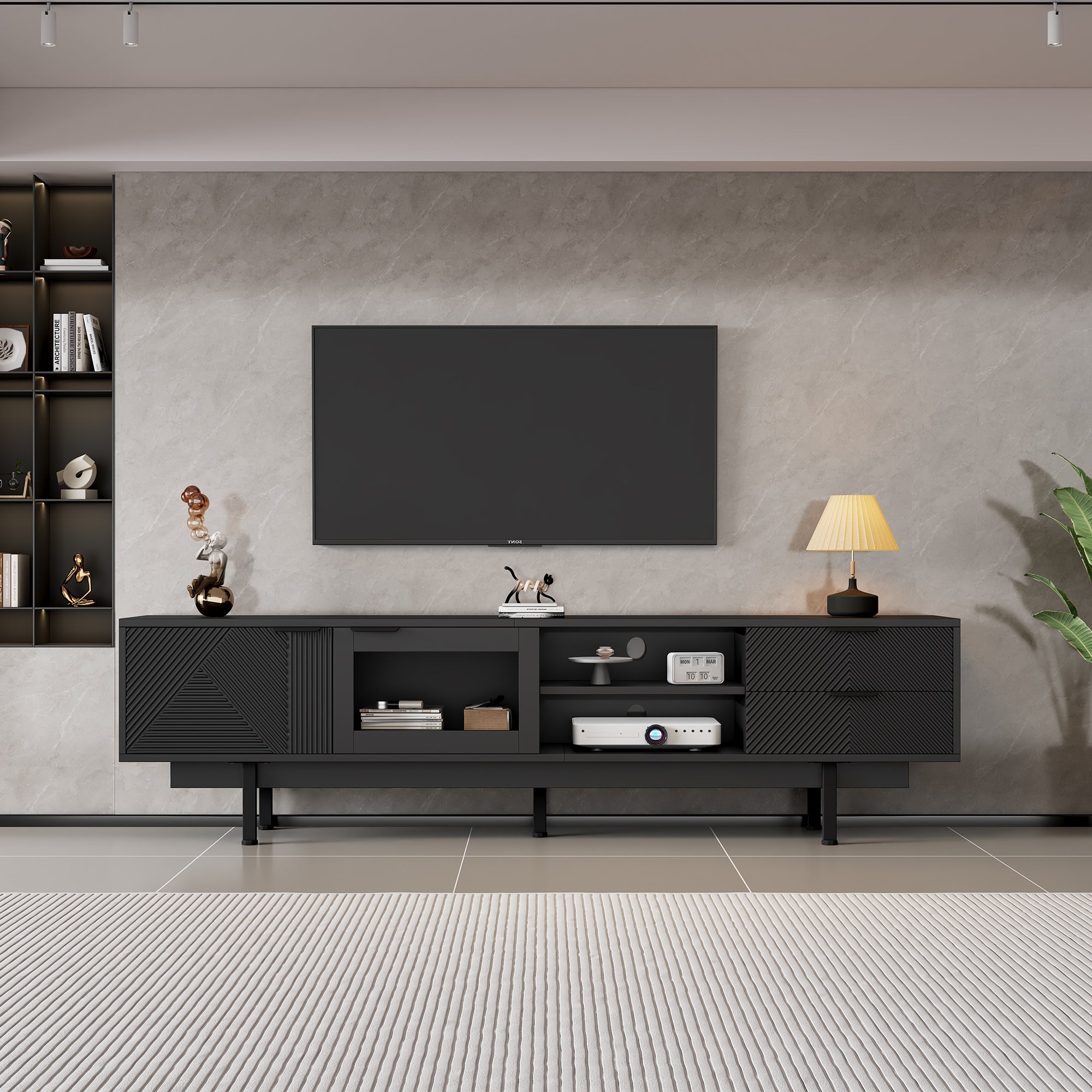 TV Cabinet, 2-Door 2-Drawer Lowboard TV Stand for 80-Inch TVs, Black