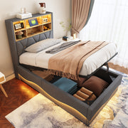 Children's Bed Hydraulic Storage LED USB Metal Frame, Grey Linen