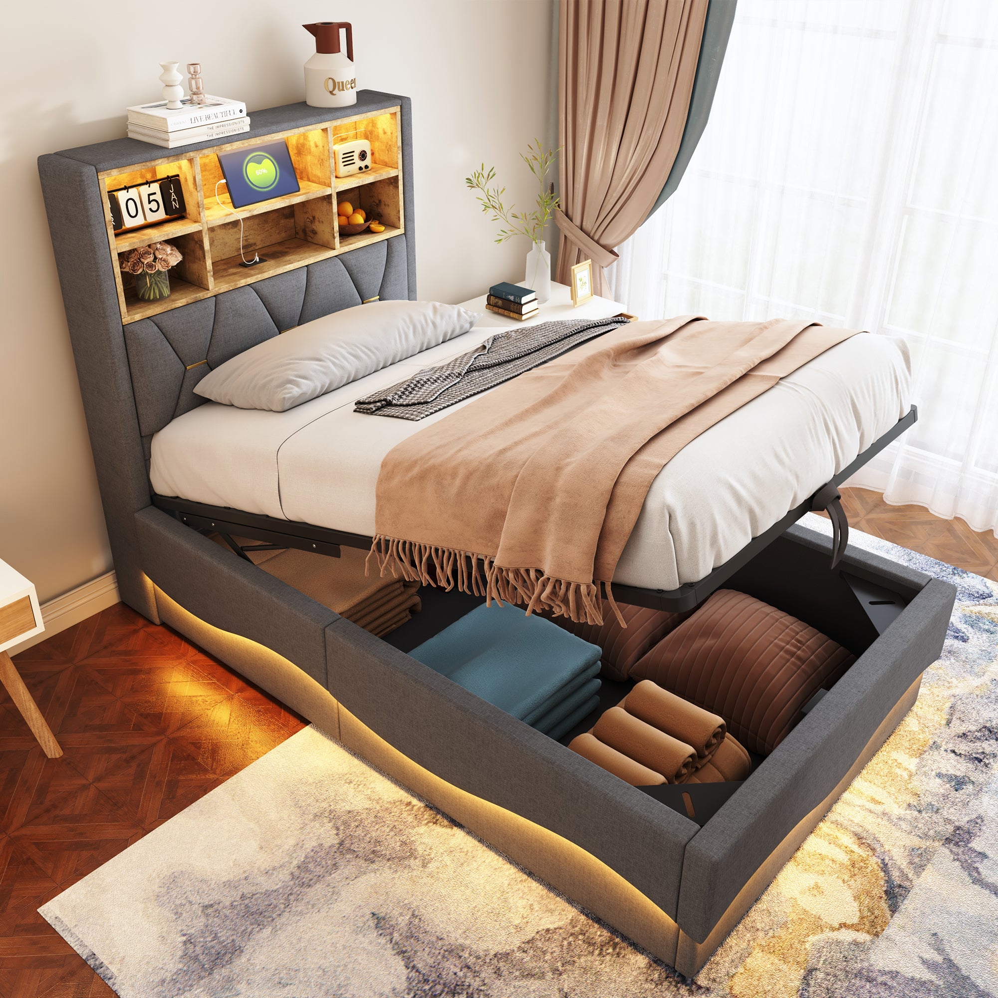 Children's Bed Hydraulic Storage LED USB Metal Frame, Grey Linen