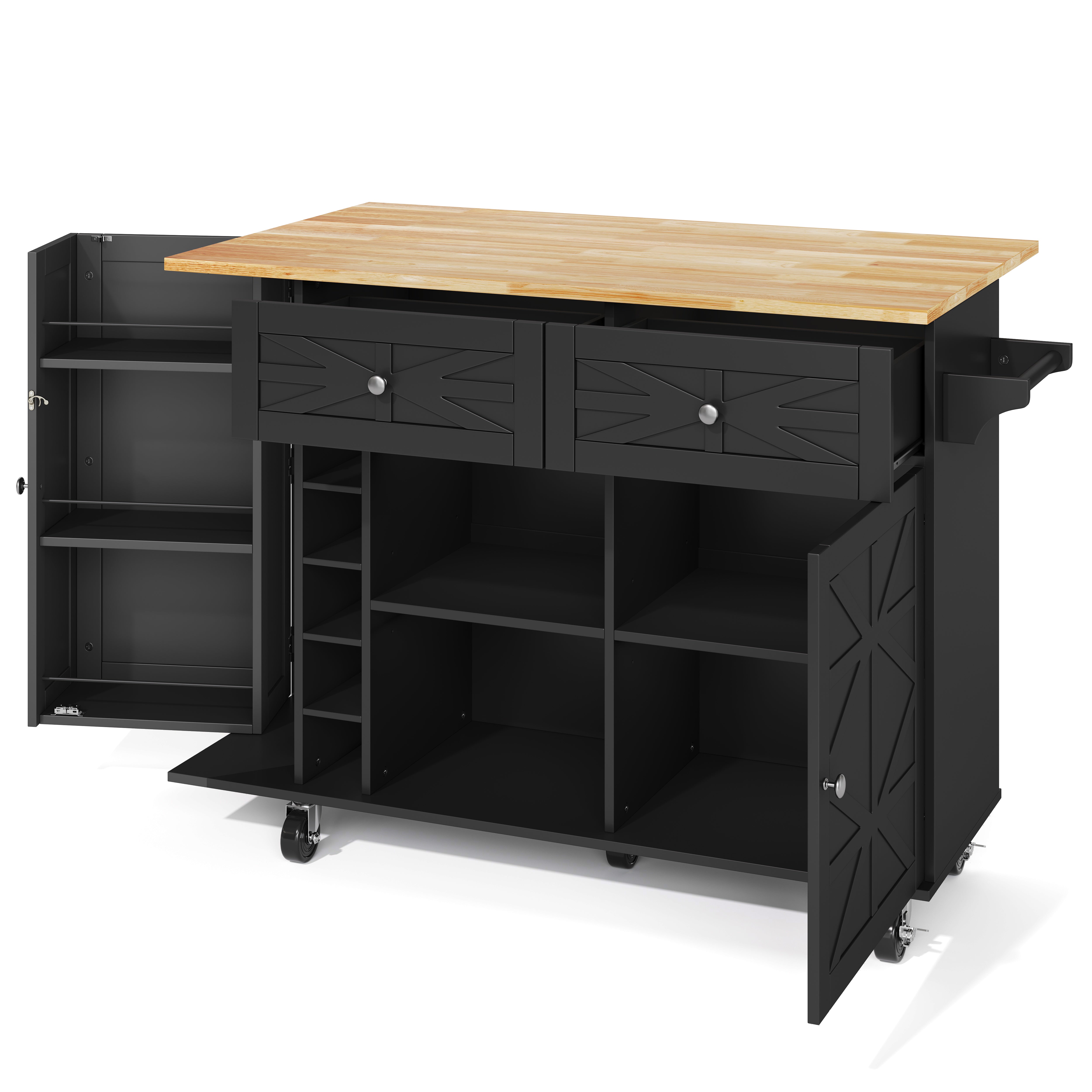 Kitchen Island Mobile Folding Worktop Wine Rack Storage - Black