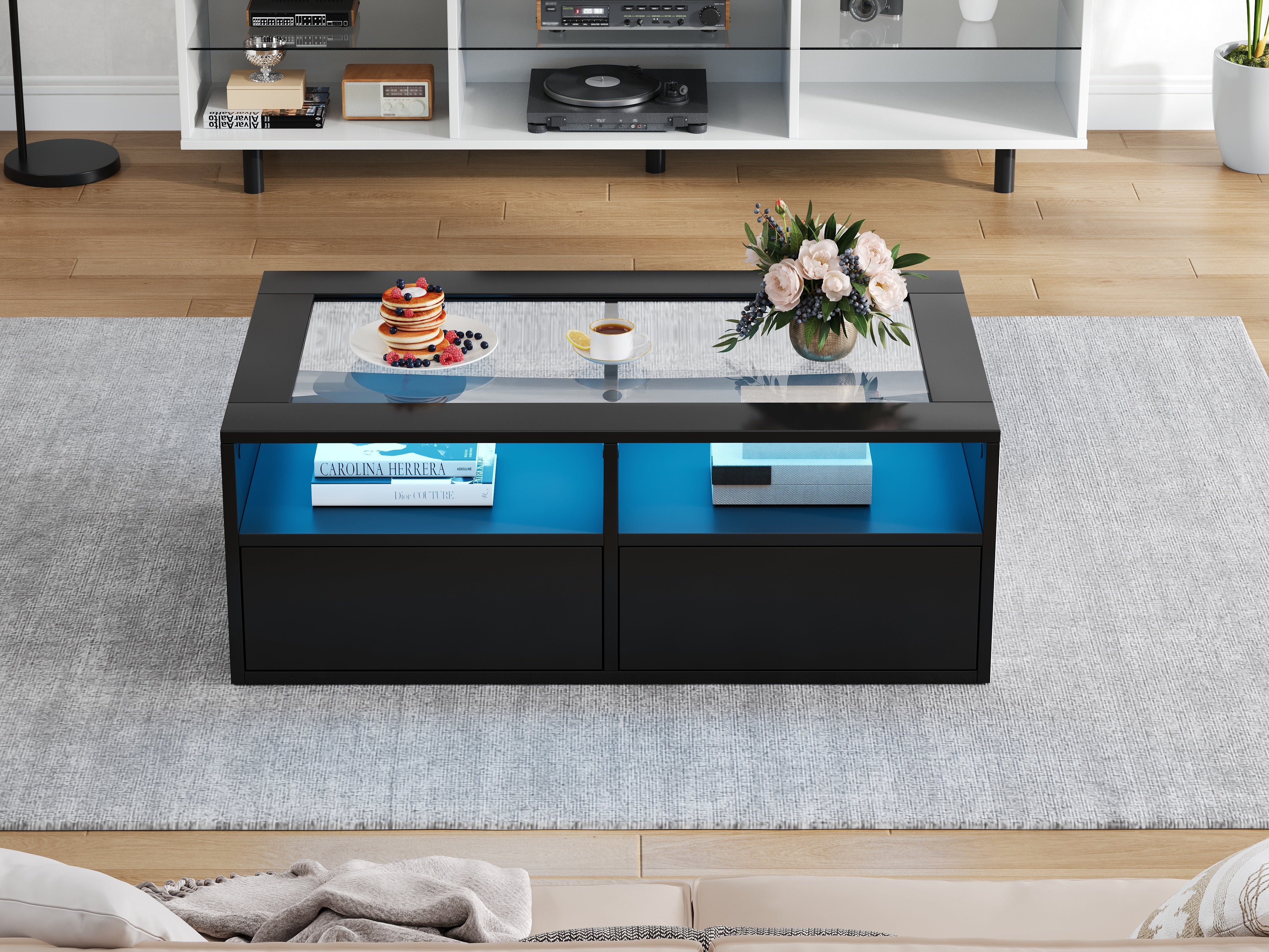 Coffee Table 100x50x35cm LED Light 2 Drawers Glass Storage Black