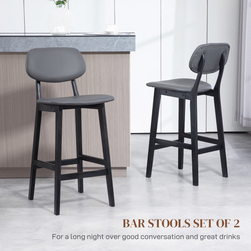 Bar Stools Set of 2, Upholstered with Backs, Footrests, and Solid Wood Legs, Dark Grey PU Leather
