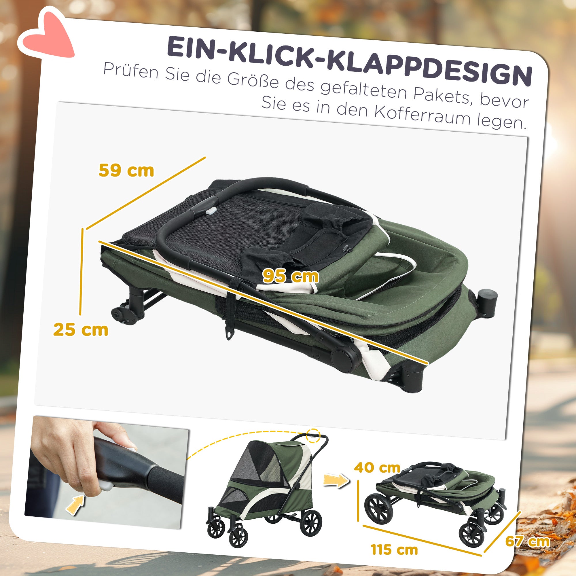 Dog Stroller Foldable, 30 kg, Mesh Windows, Dark Green