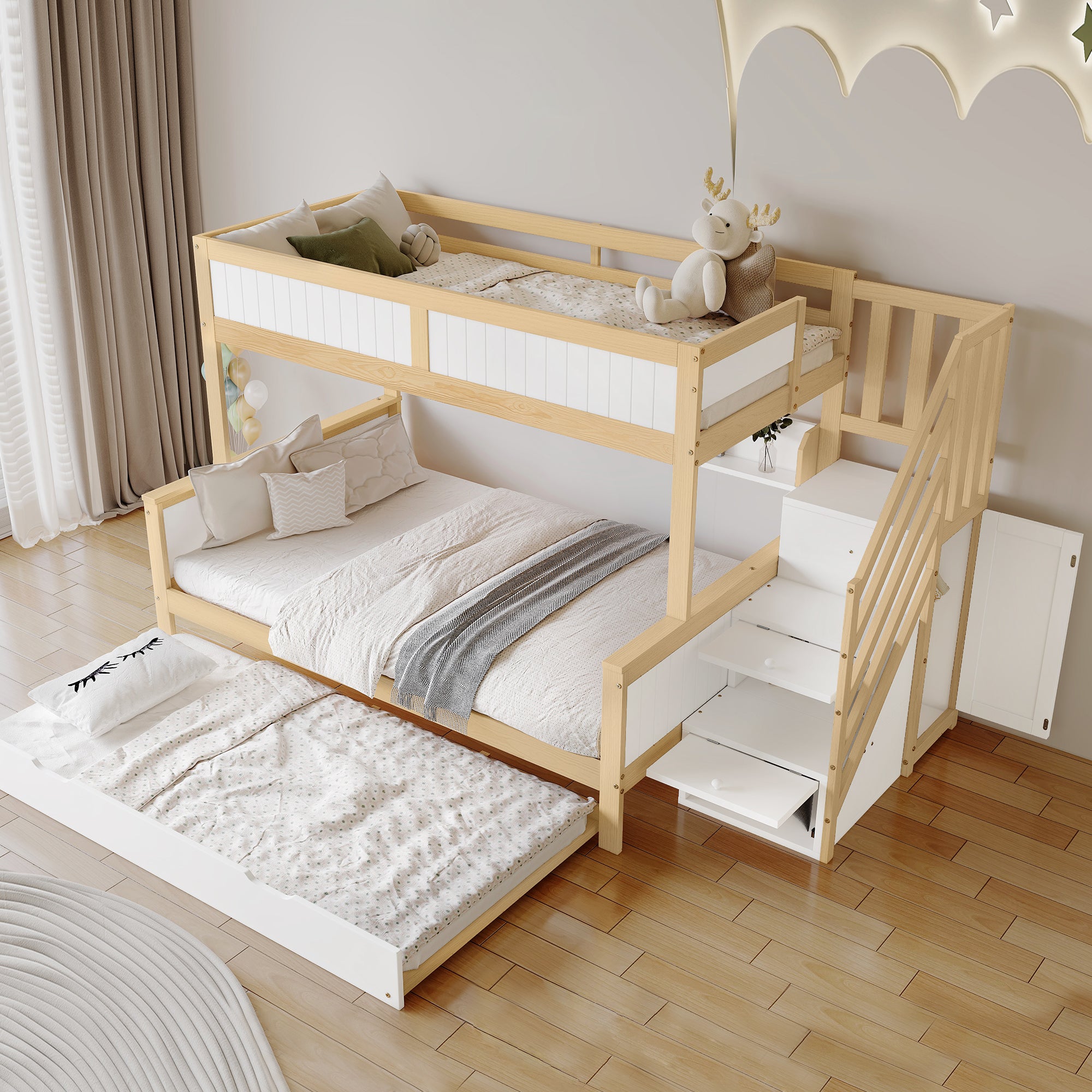 Bunk Bed, Trundle & Wardrobe, Corner Stairs, Pine+MDF, White+Natural