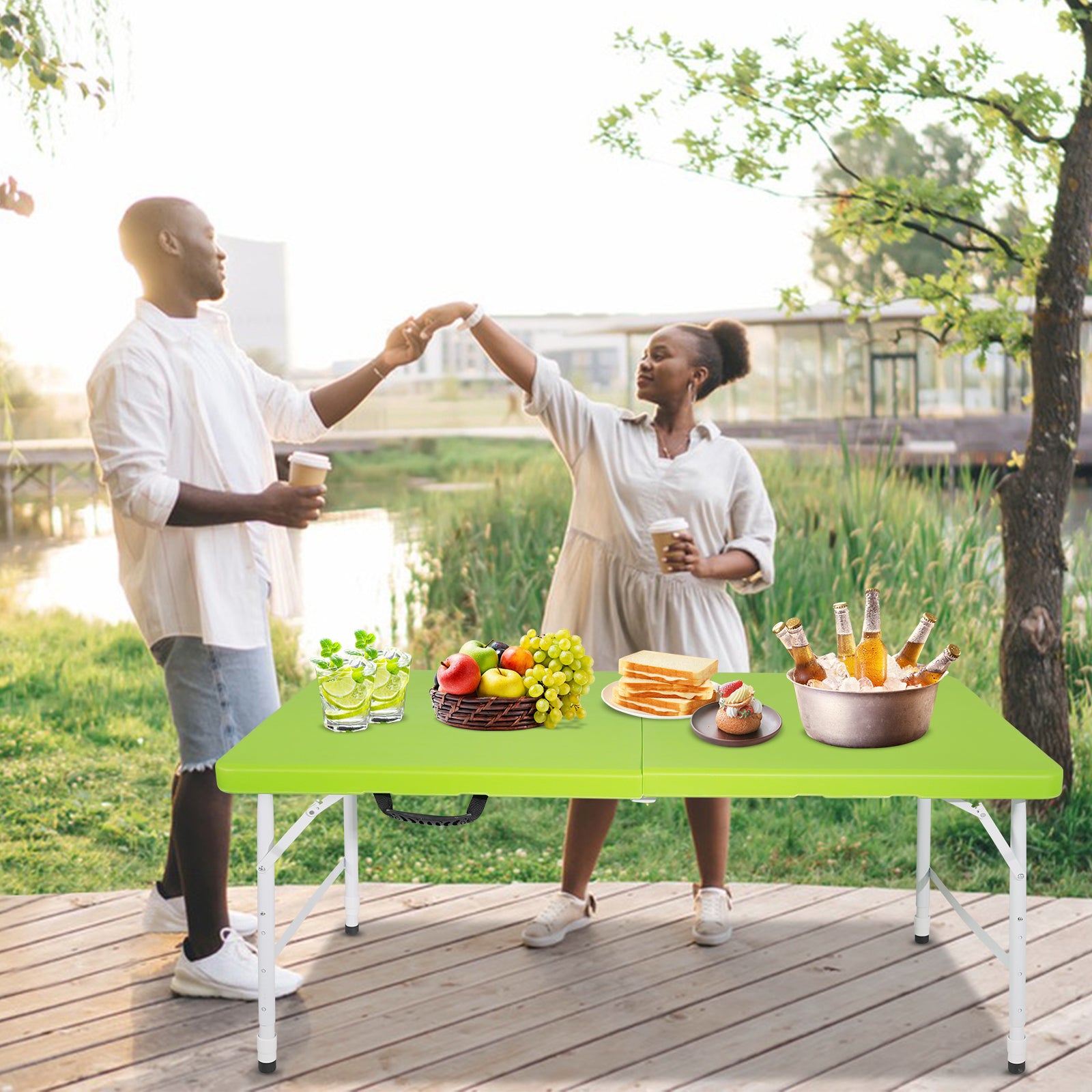 Portable Heavy Duty Folding Table with Handle, Adjustable Height, Multi-Functional for Camping, Picnic, Parties, Indoor/Outdoor, 125cm, 135kg Capacity, Green