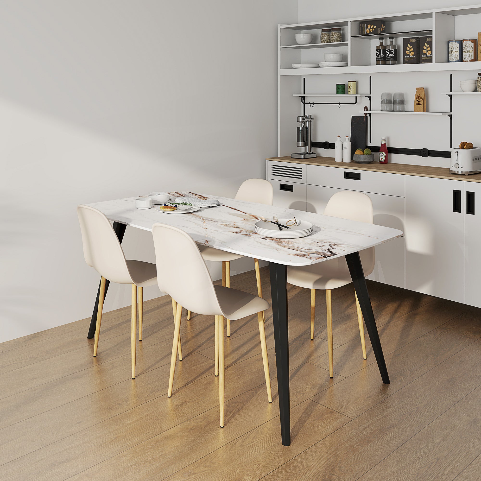 Modern Dining Chairs Set of 4, Backrest and Steel Legs, Khaki