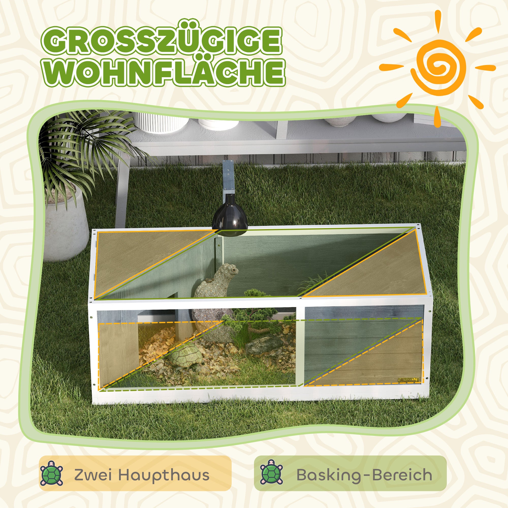 Wooden Turtle House, 2 Main Houses Hinged Top Light Stand Transparent Front Panel, Grey