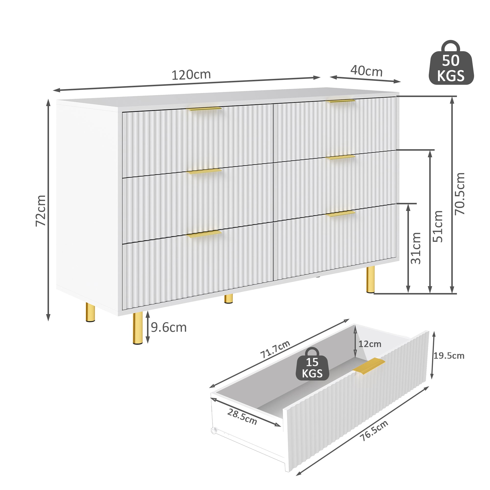 Chest of Drawers Sideboard with 6 Drawers and Modern Design, White and Gold