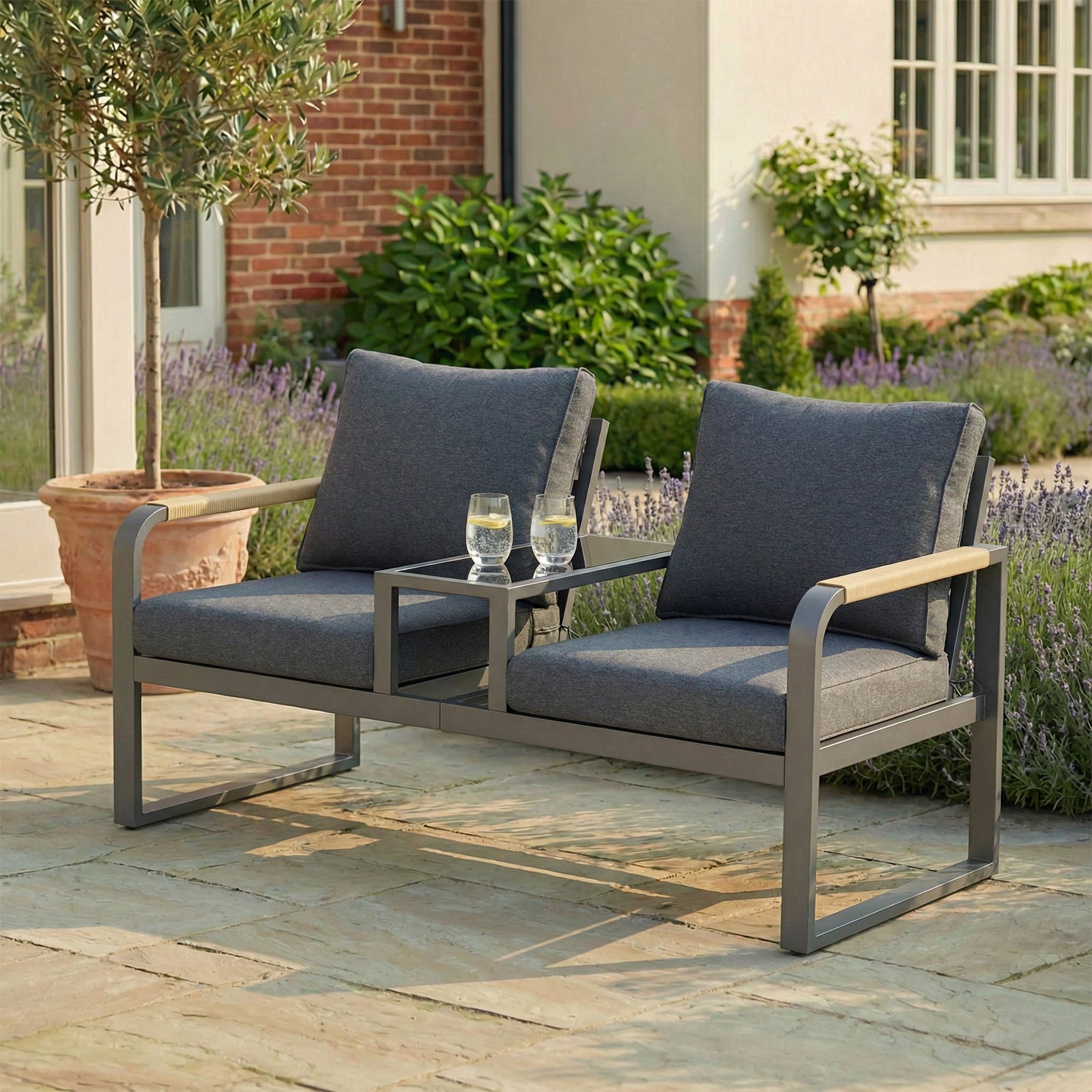 Garden Furniture Set, 2-Seater Outdoor Sofa with Glass Top and Woven Armrests, Grey Galvanized Iron
