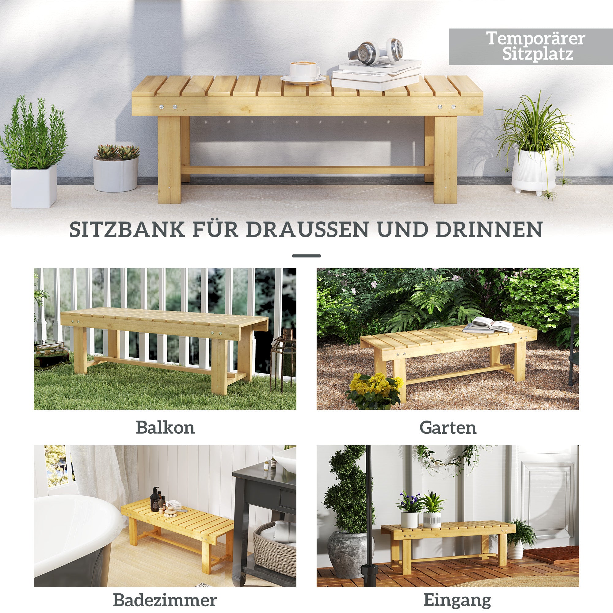 Garden Bench 2-Seater, Waterproof Durable 110x38x35cm Solid Wood, Natural Color