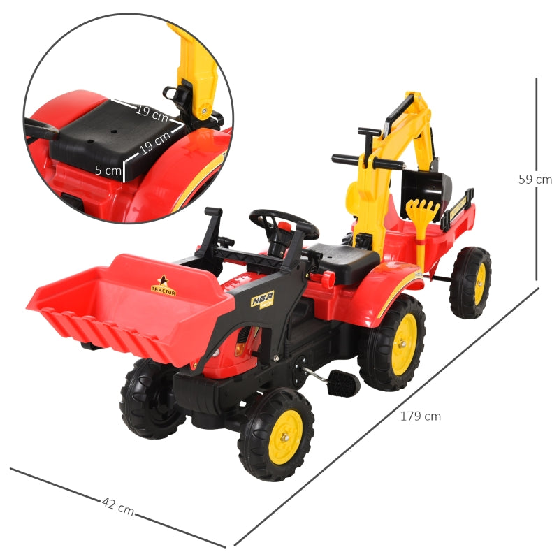Pedal Tractor with Trailer, Front Loader, Adjustable Shovel, Red