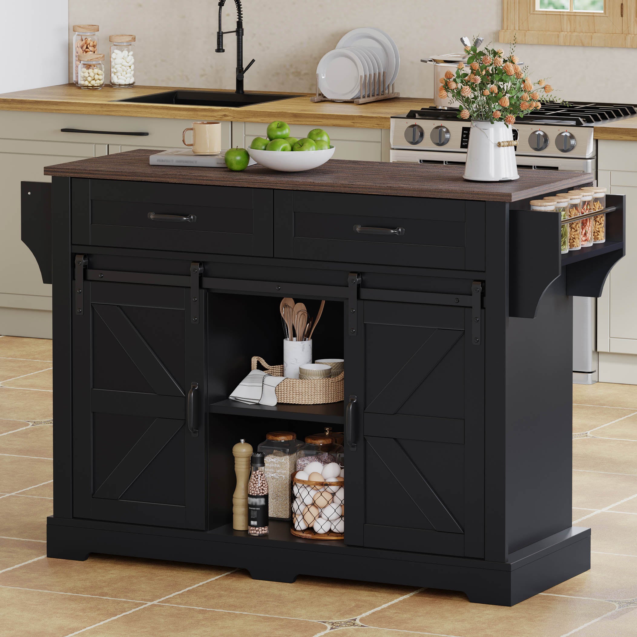 Kitchen Island with Fold-Down Worktop and Sliding Barn Doors, Black