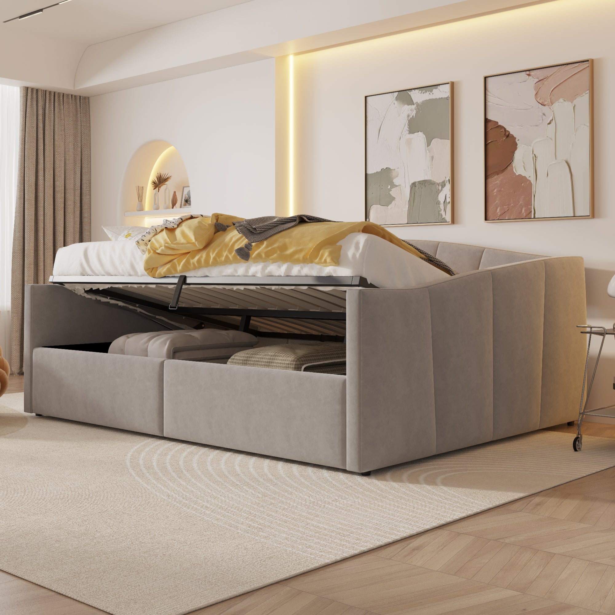 Upholstered Sofa Bed, 140x200cm Hydraulic Storage Slatted Frame Armrests, Light Grey Velvet