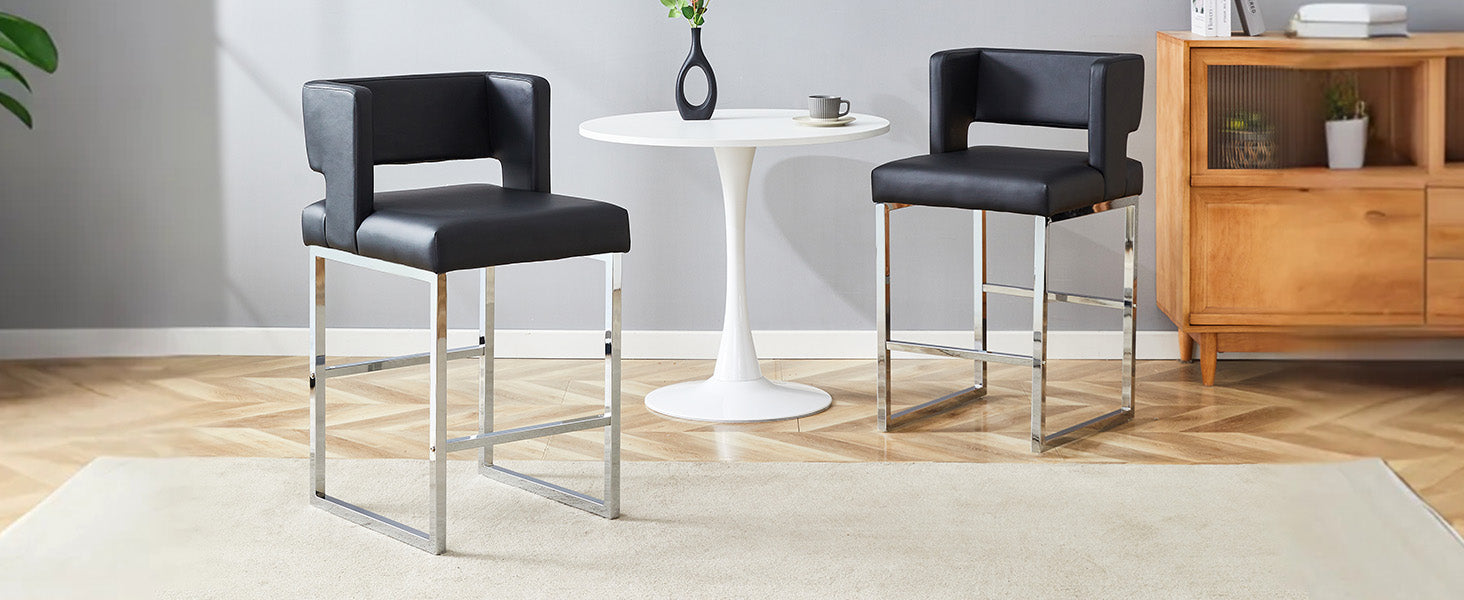 Set of 2 Bar Stools, Nordic Style Square Design Silver Metal Legs, Black