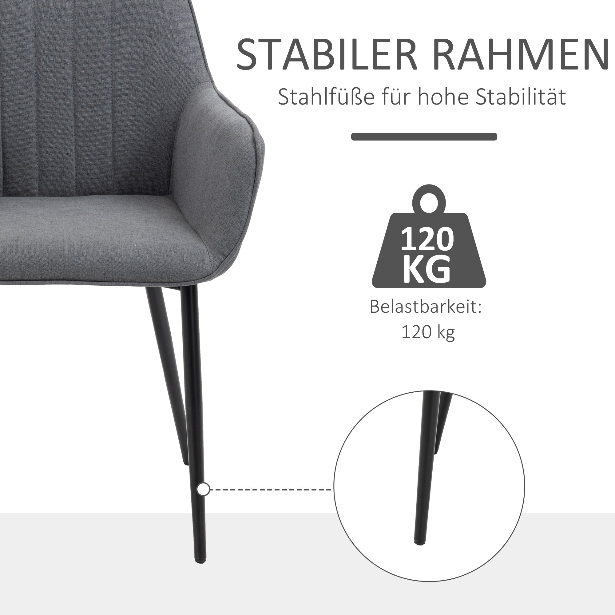 Dining Chairs Set of 2, Upholstered with Backrest and Armrests, Linen Dark Grey