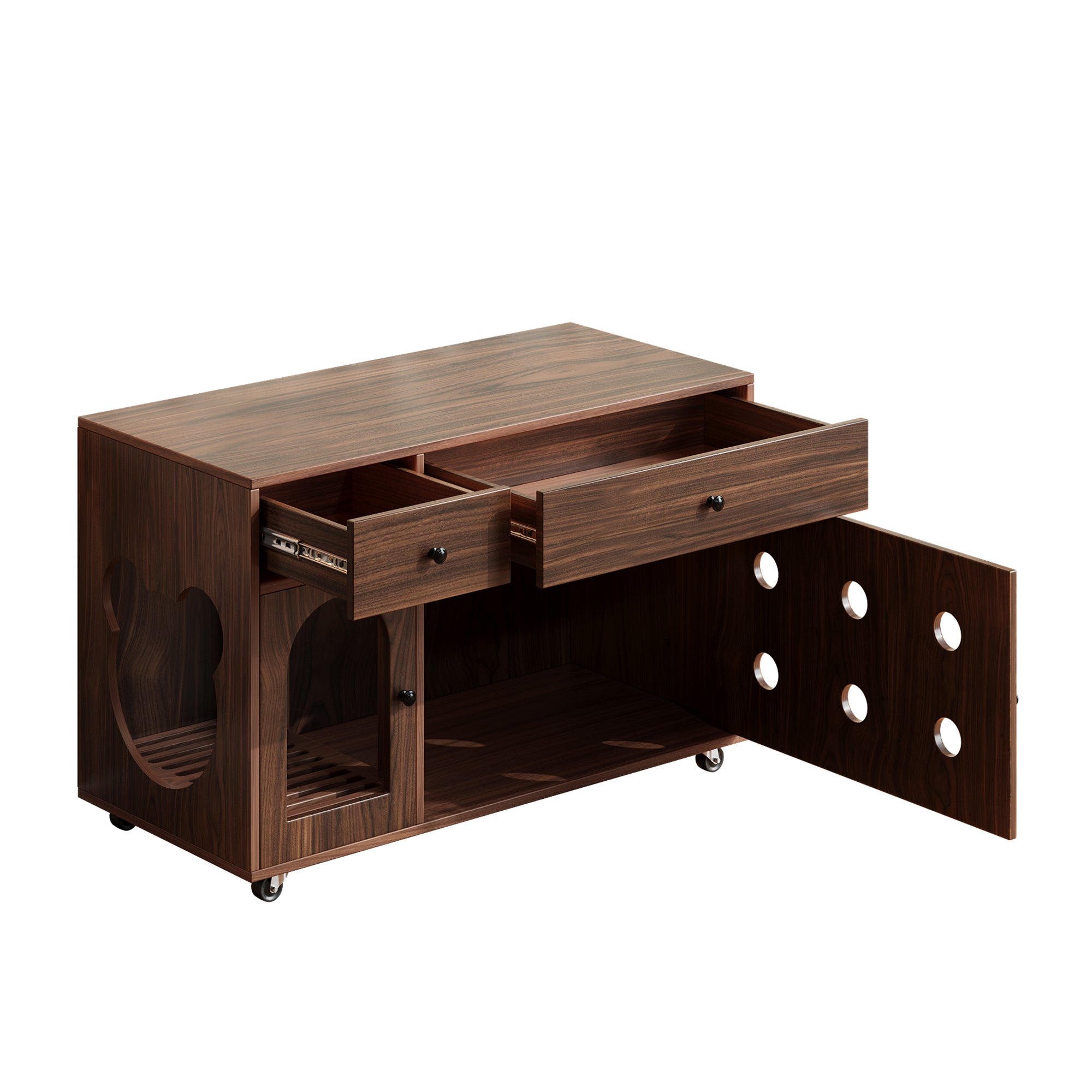 Cat Litter Box Cabinet Mobile Odor-Insulated Removable Sand Drain 100x45x66 cm - Walnut Color