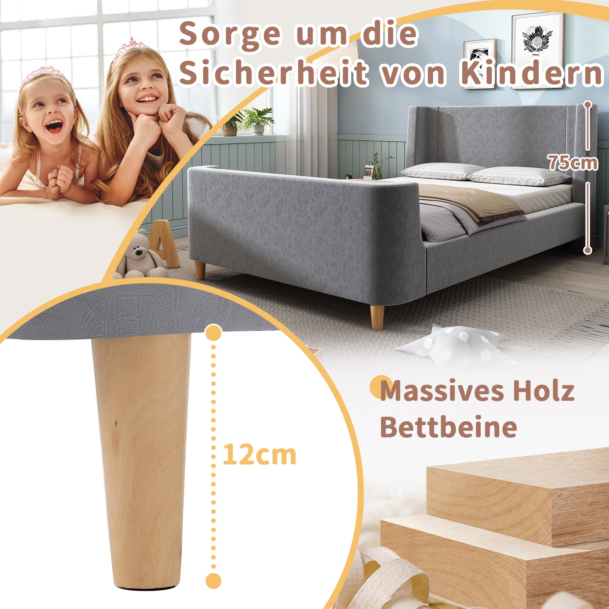 Children's Bed Upholstered Sleigh with Cosmic Pattern, 90x200cm, Grey Velvet