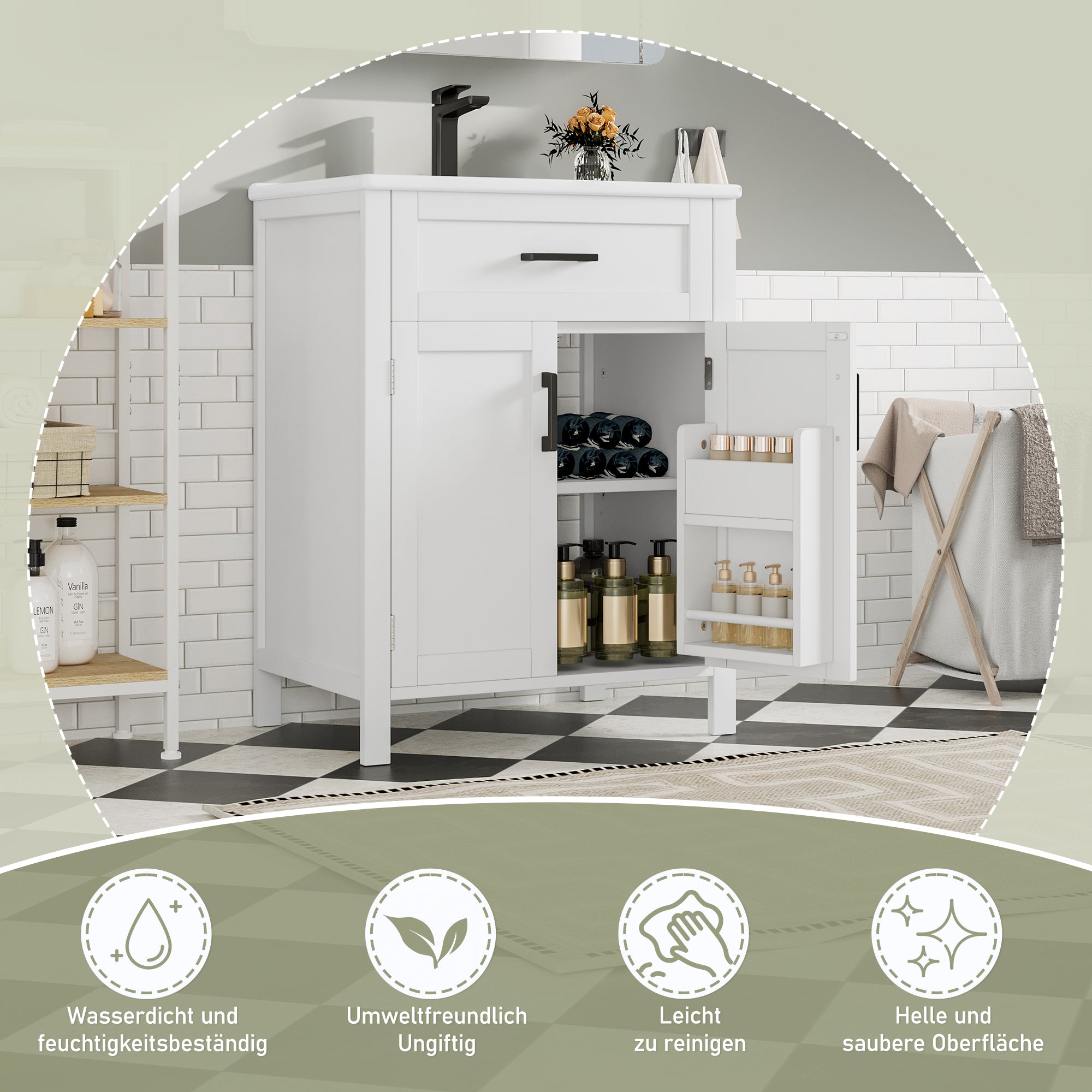 Bathroom Vanity Unit with Ceramic Sink and Adjustable Shelves, White