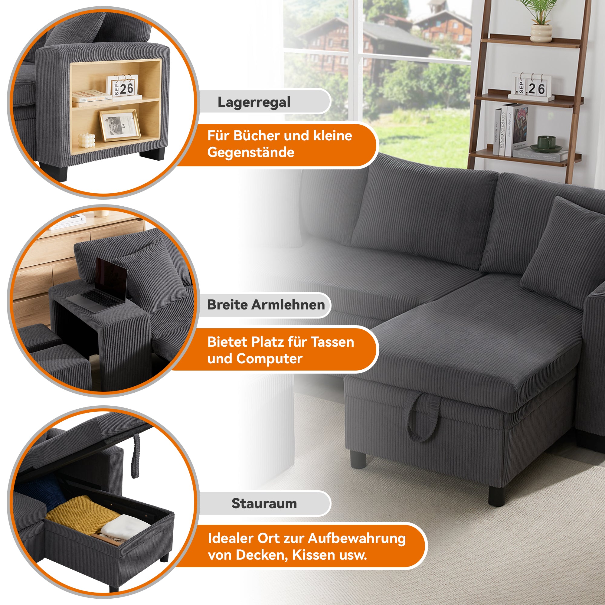 Sofa Bed L-Shaped Convertible 3-Seater with USB Charging, Side Shelves & Storage Space