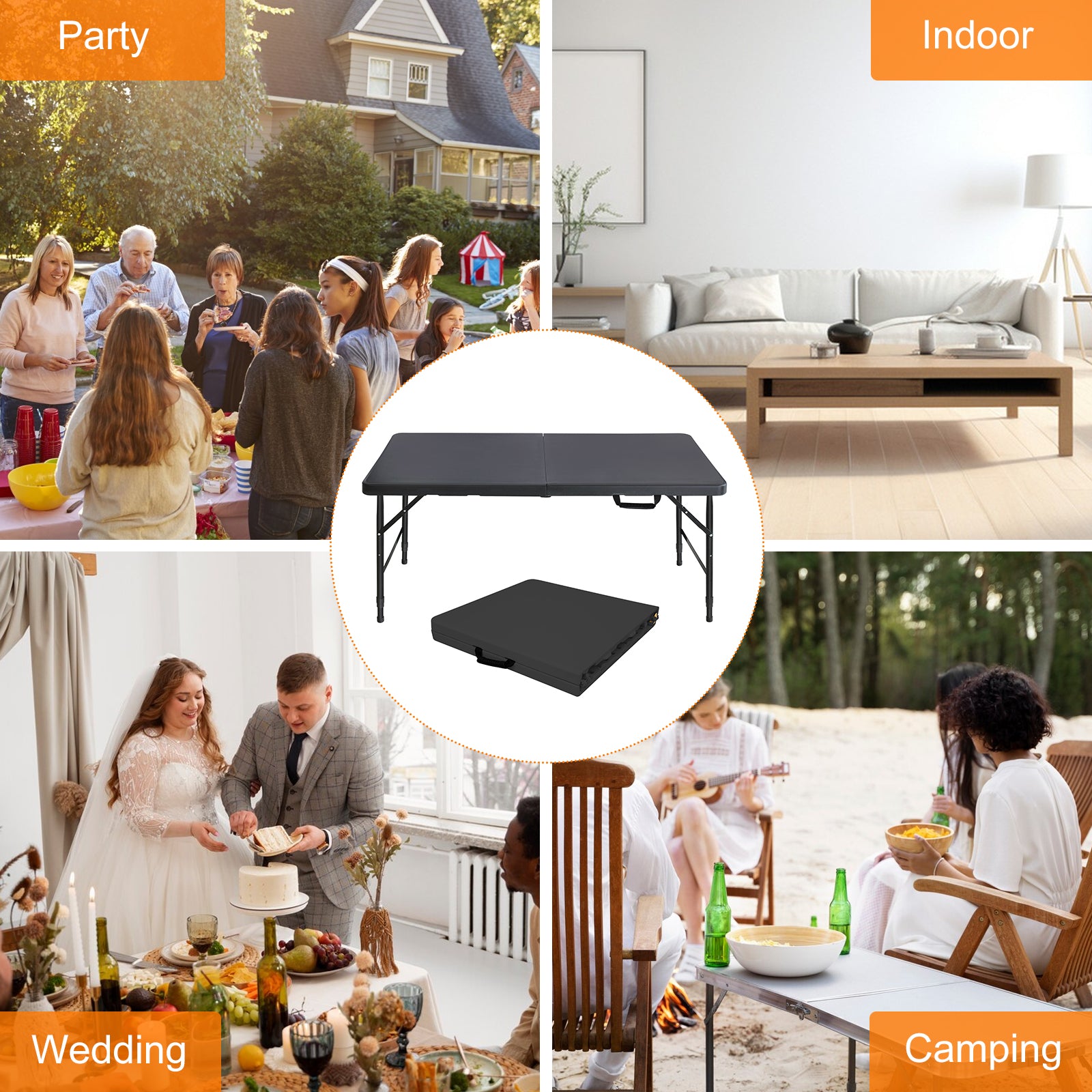 Folding Table 125cm, Portable Heavy Duty, Black