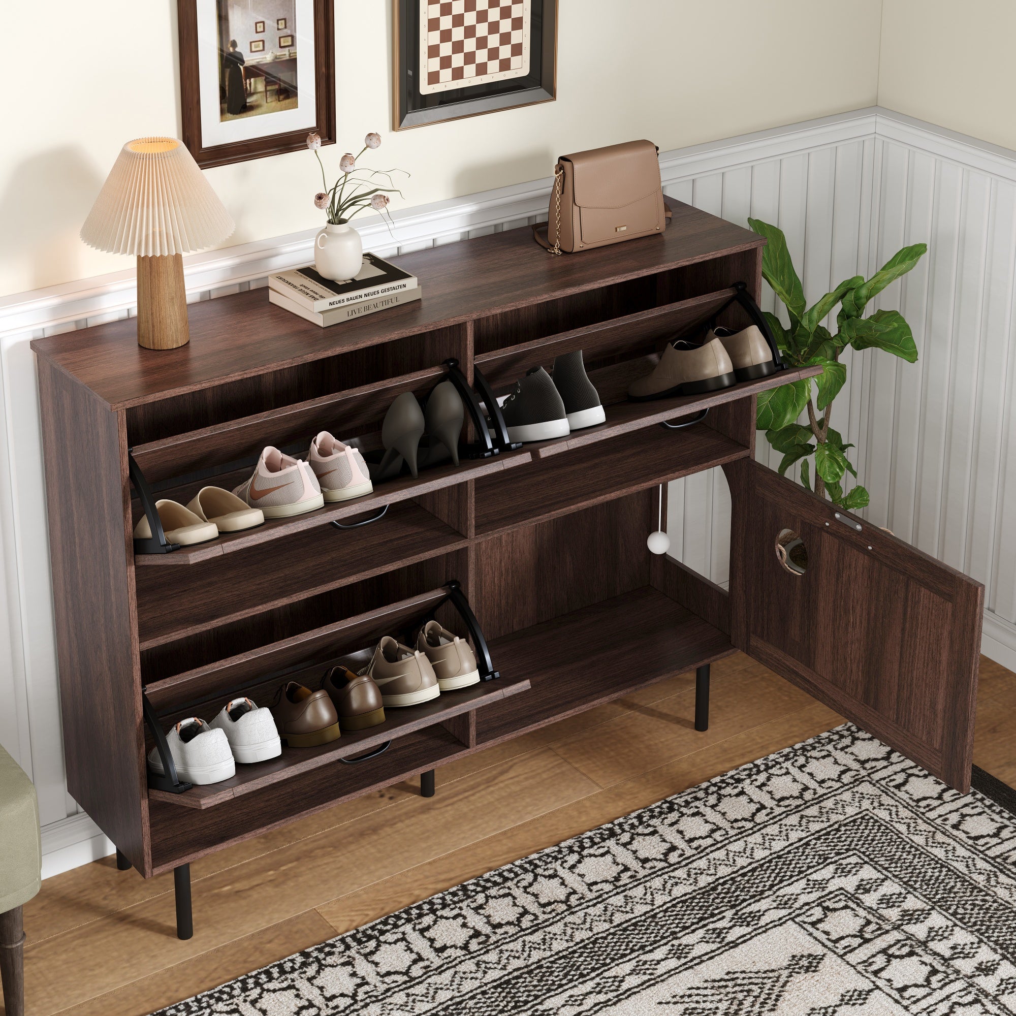 Narrow shoe cabinet with 3 flaps and pet toy storage, for hallway use