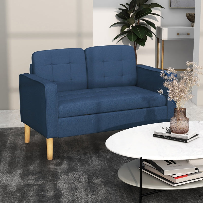 Modern Loveseat Sofa, Hidden Storage 2 Seater, Blue Cotton