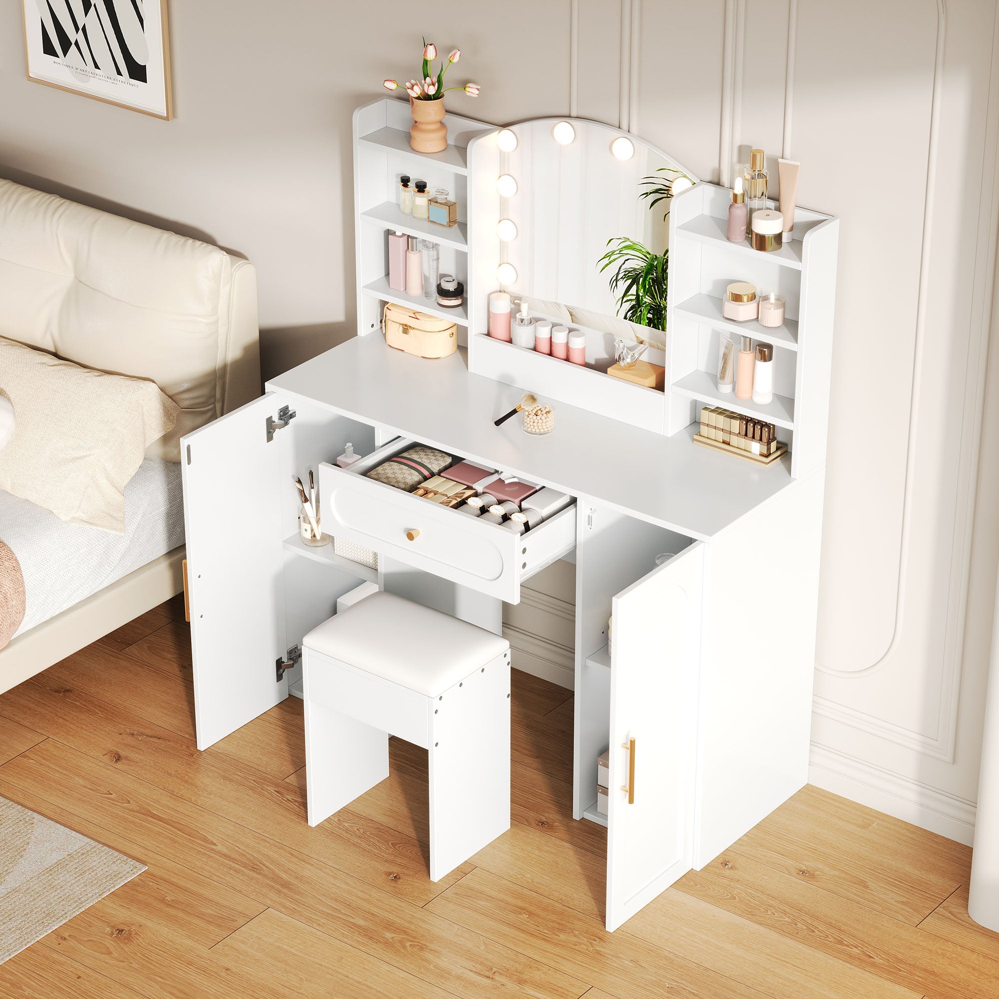 Large Vanity Table with LED Lighting, Mirror and Stool, White