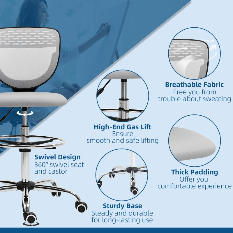 Draughtsman Office Chair Adjustable Height 68-88cm with Wheels Mesh Light Grey
