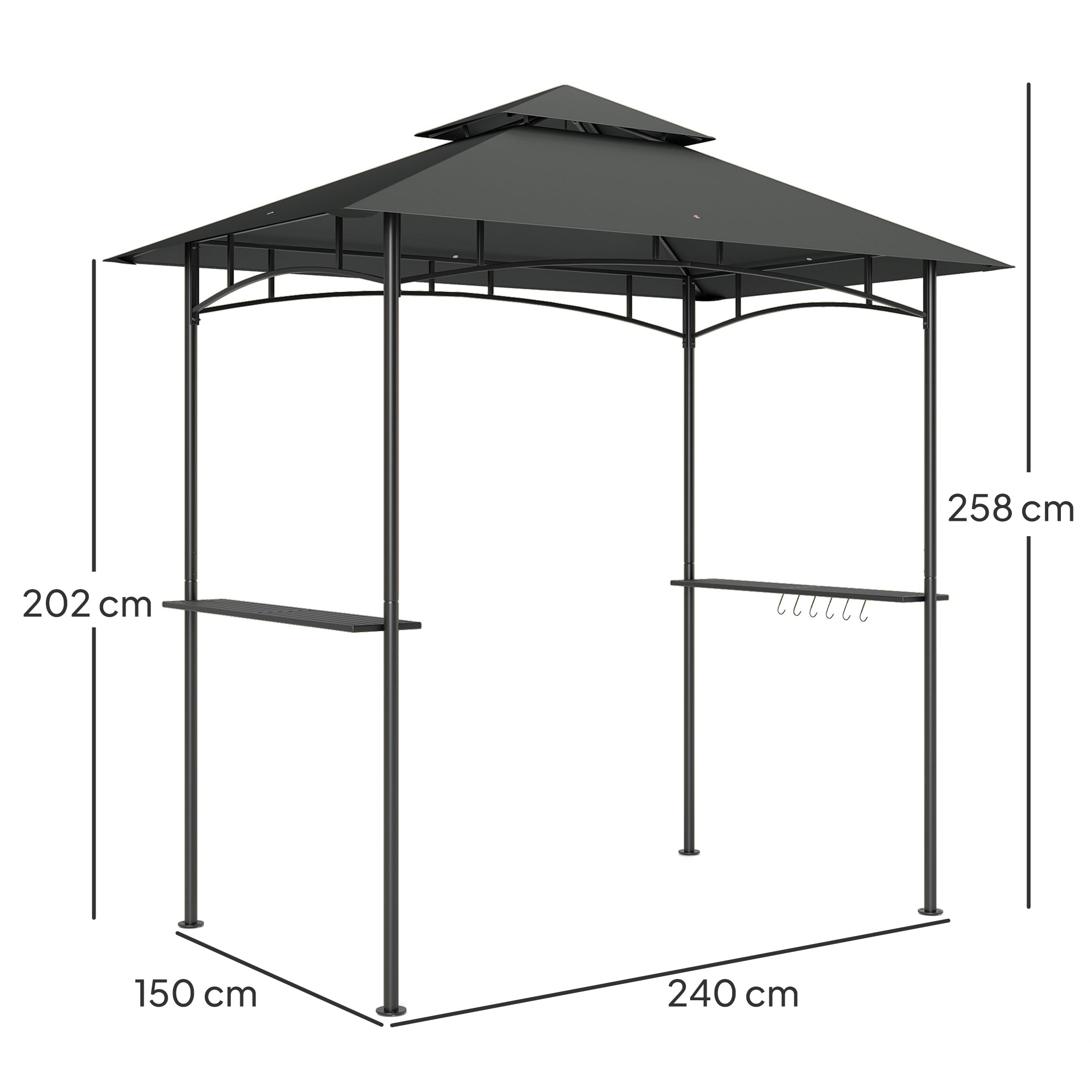 Grill Gazebo, Double Tiered BBQ Shelter Canopy with LED Lights, 2 Side Shelves, Hooks, Dark Grey