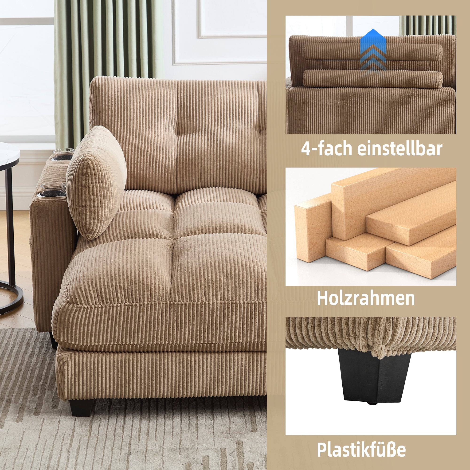 Palm Chair, Fluffy Striped, Rolling Cushions, Head Flaps, Side Pocket, Khaki