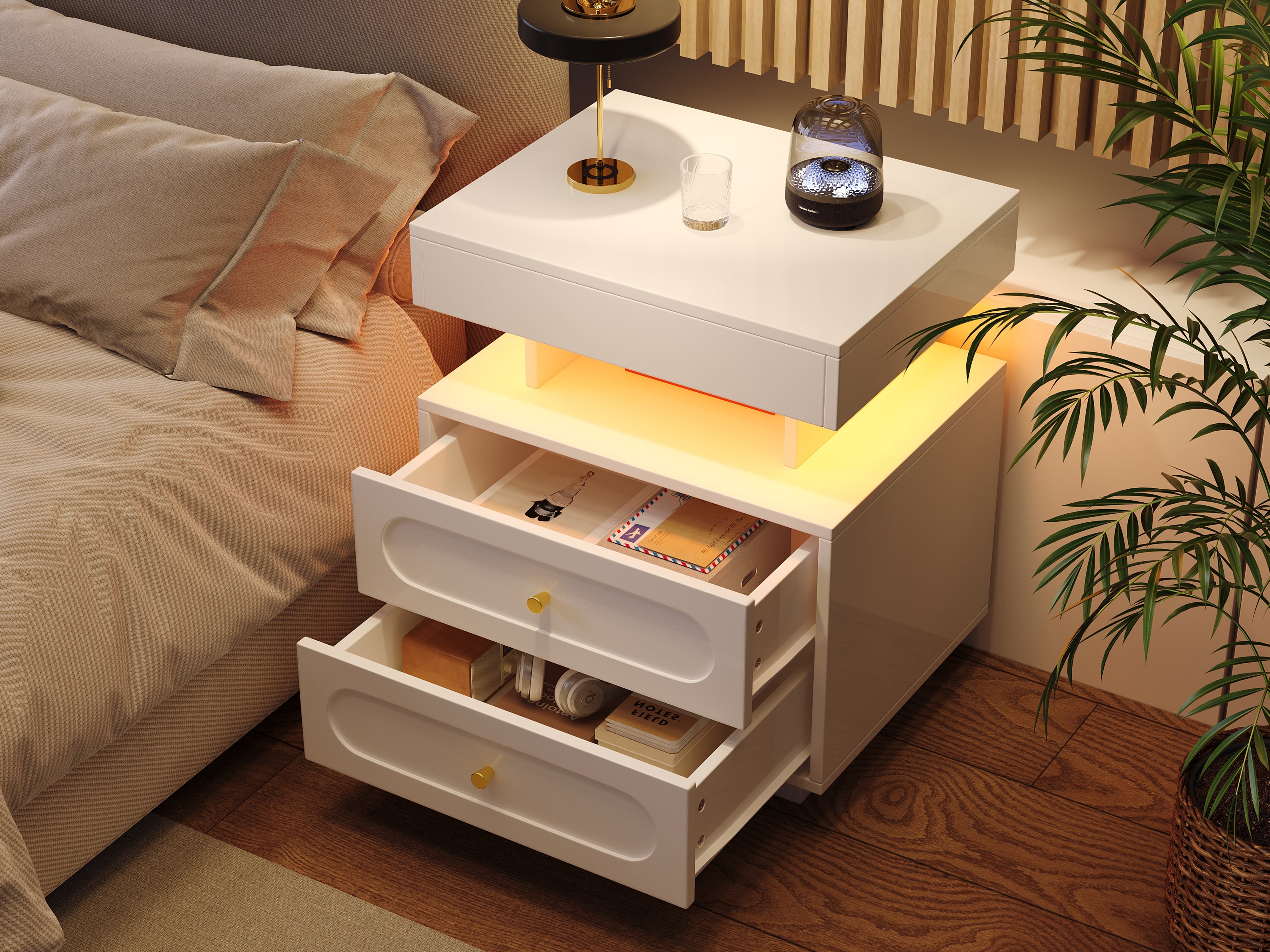 Bedside Table Nightstand with LED, 2 Drawers & Open Storage, White