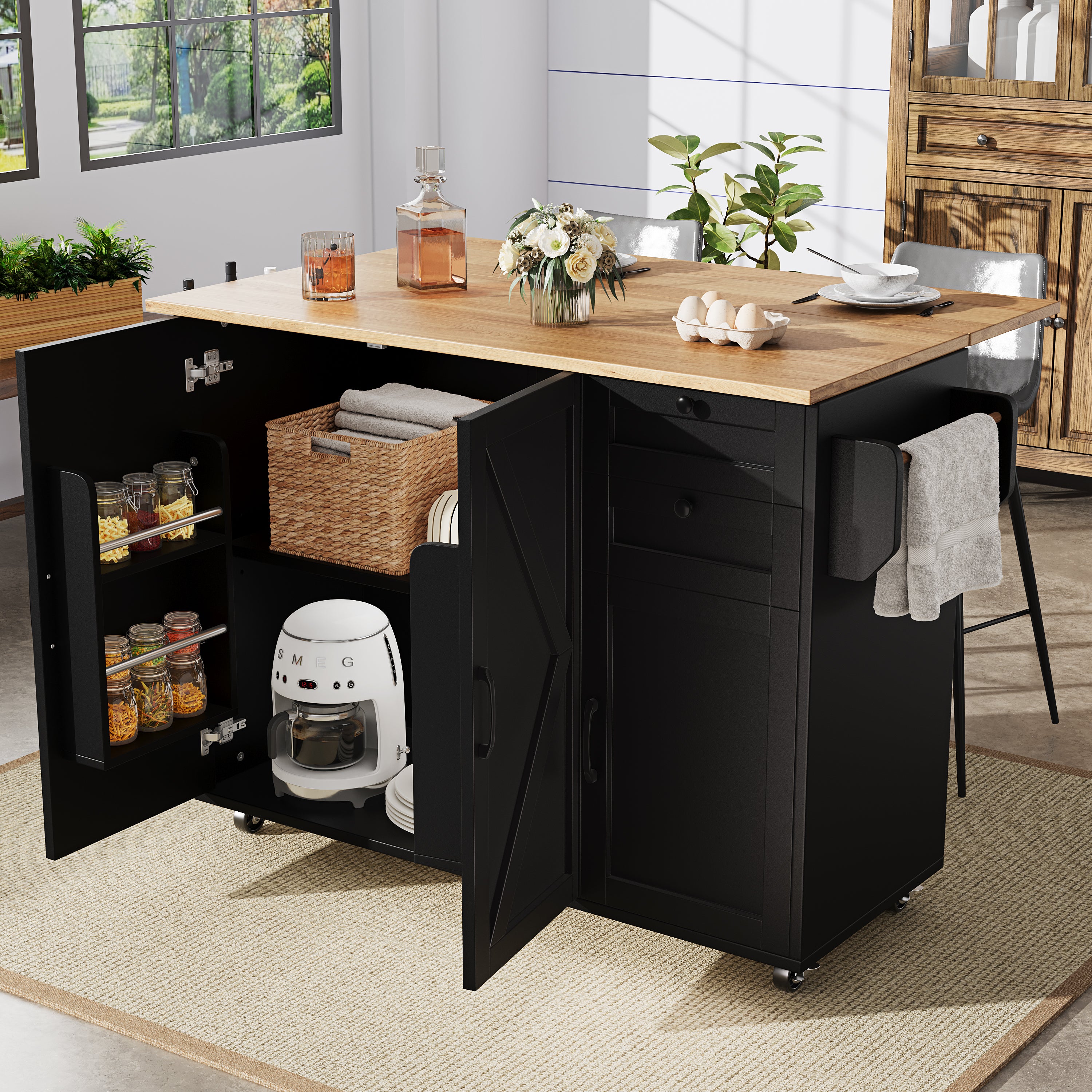 Multifunctional Kitchen Island Dining Table with Storage, Snack Shelves, Wood Grain Black